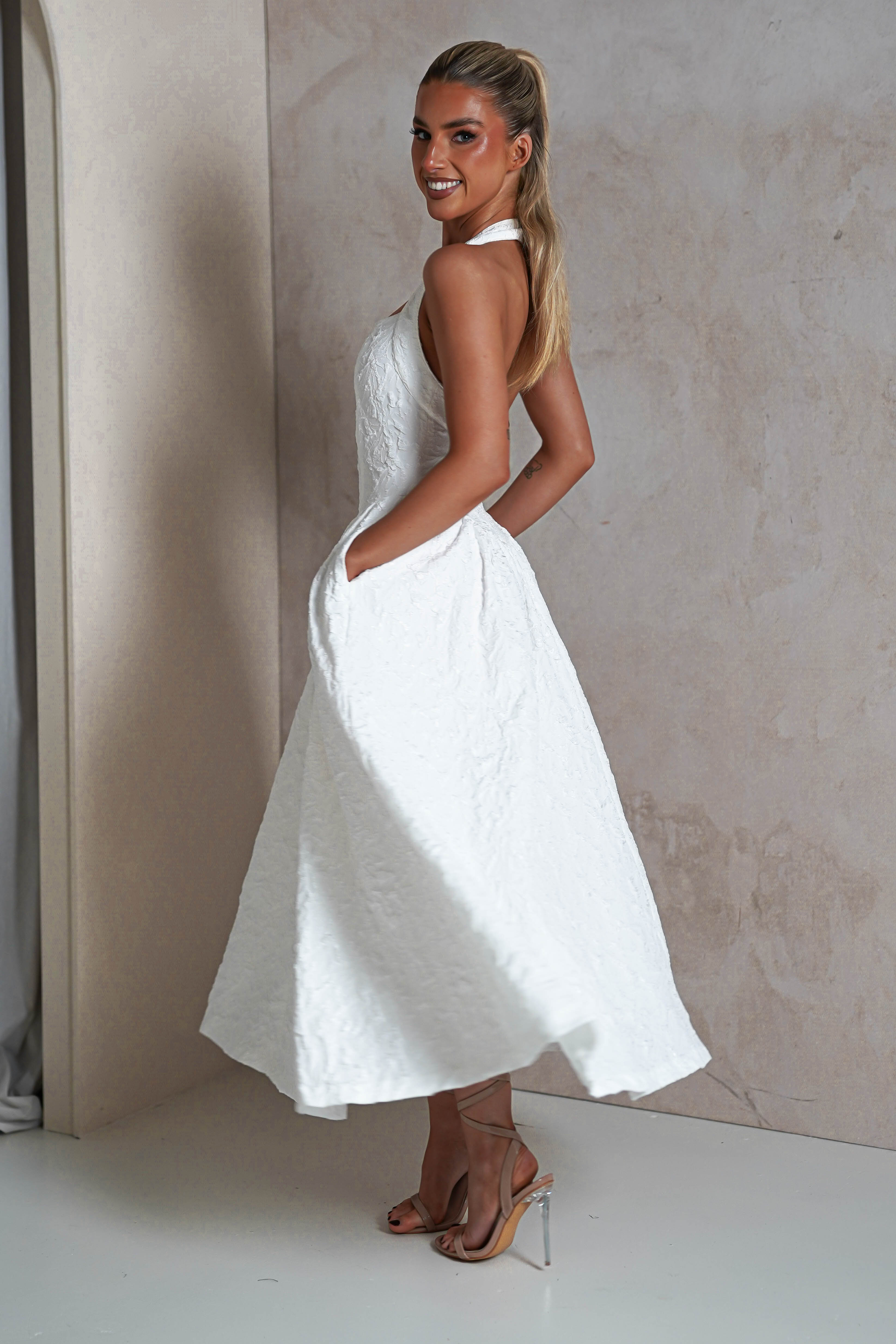 Margot Textured Midaxi Dress | White | Graduation | Bride To Be Hen Dress | Oh Hello Clothing