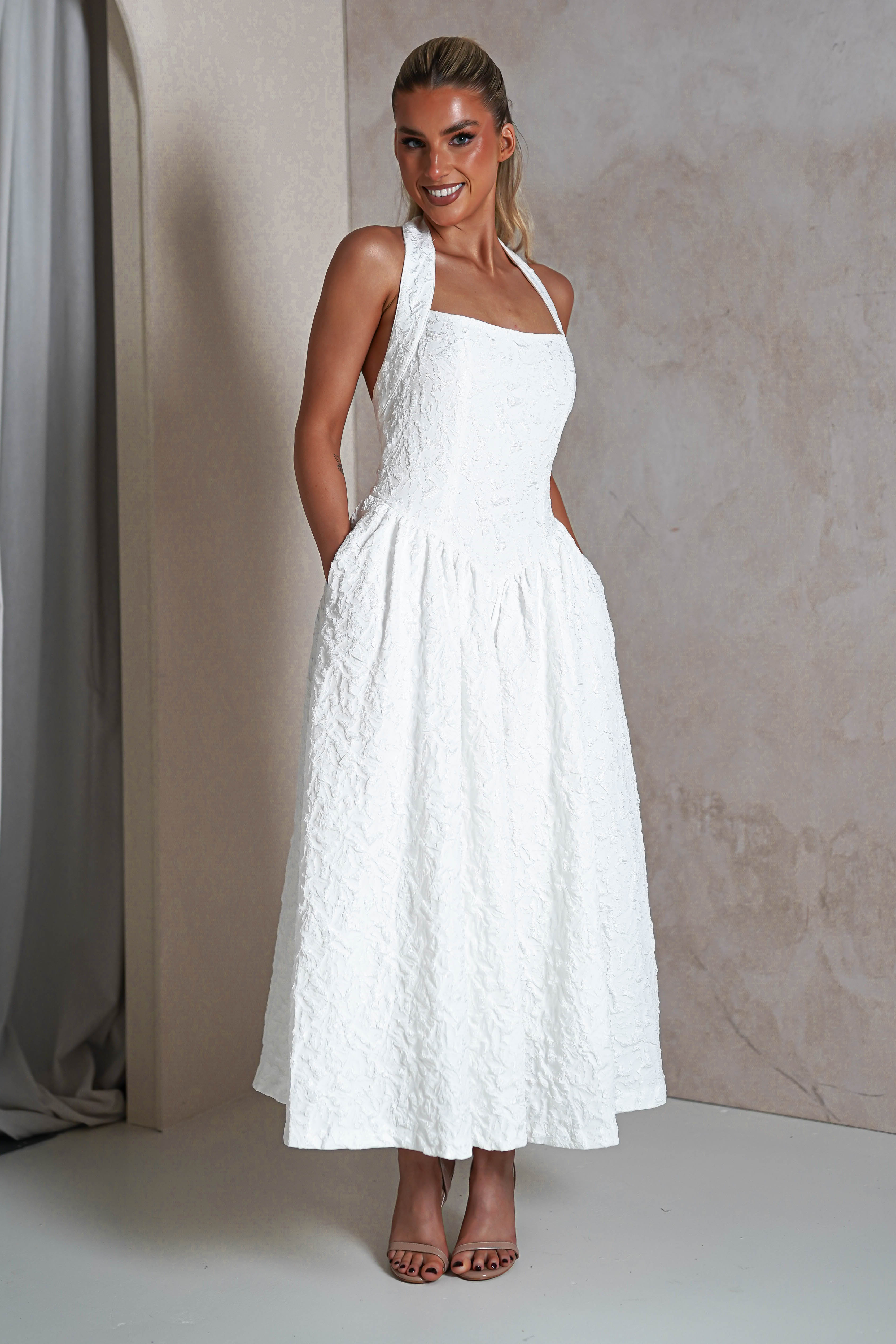 Margot Textured Midaxi Dress | White | Graduation | Bride To Be Hen Dress | Oh Hello Clothing