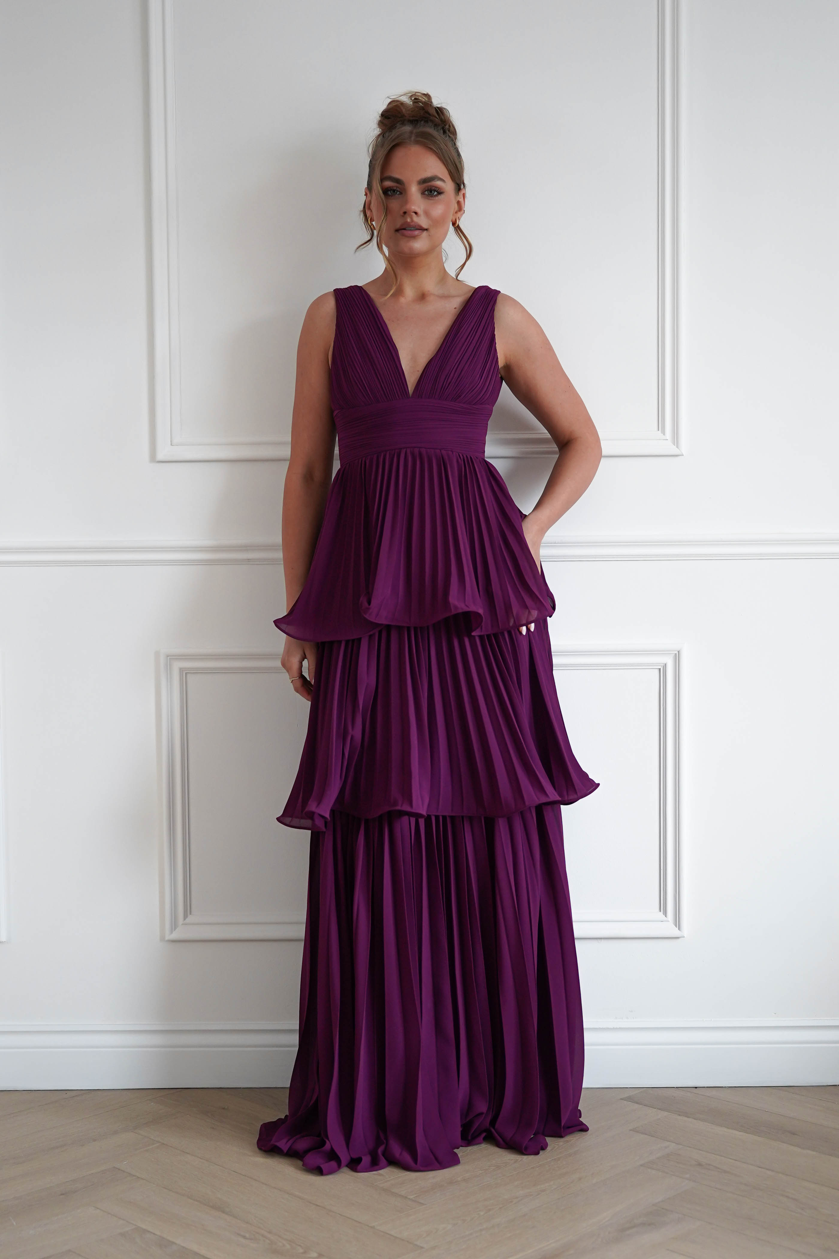 Oh Hello Clothing Women > Clothing > Dresses 1*DONE-Vina Tiered Pleated Layered Maxi Dress | PLUM