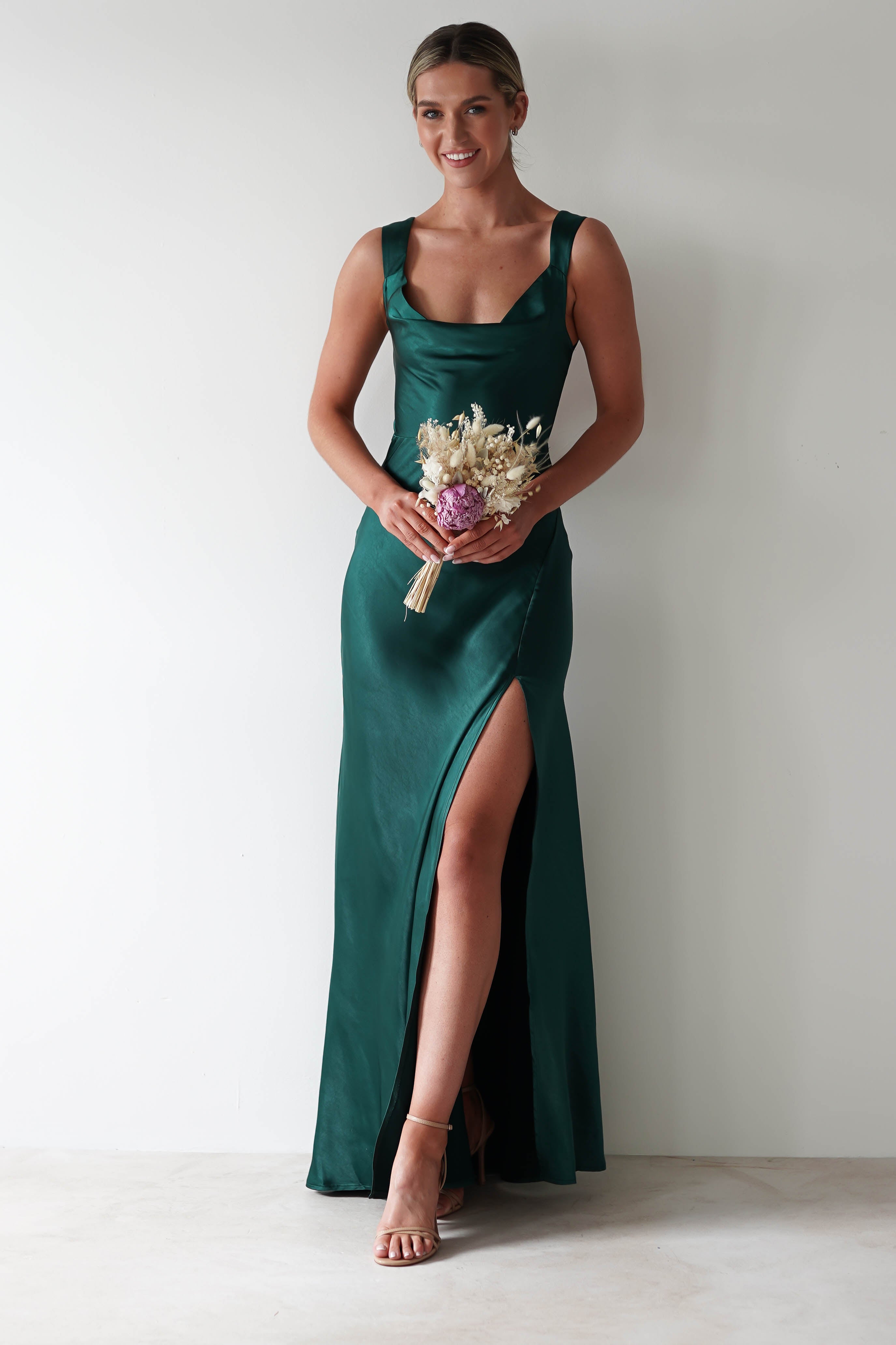 Riviera Soft Satin Maxi Gown | Forest Green | Debs & Prom | Formal Gown | Oh Hello Clothing