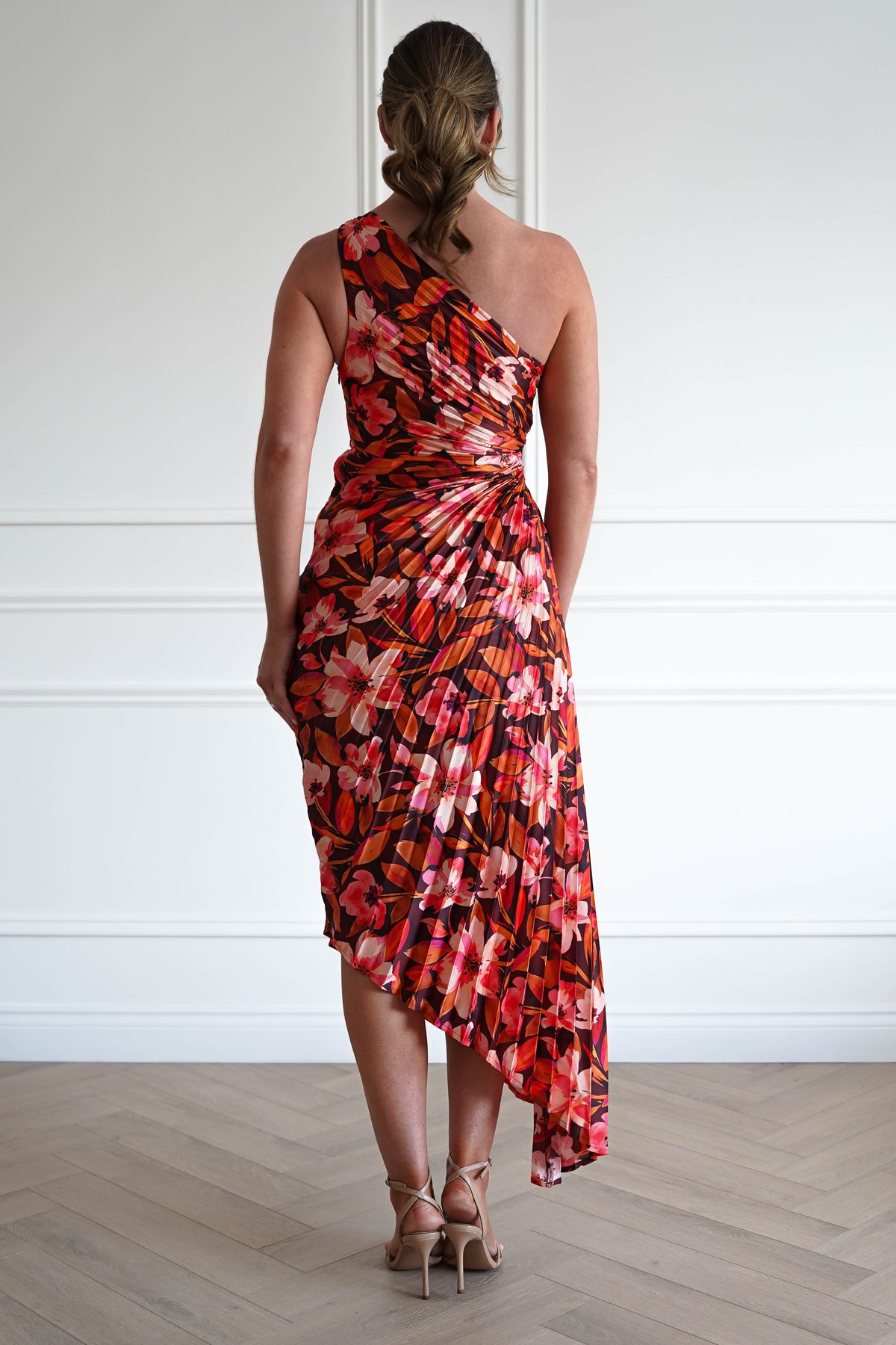 1*DONE -DRESS FORUM-FD10589-ROOIBOSFLORAL- One Shoulder Pleated Floral Midi Dress-Oh Hello Clothing