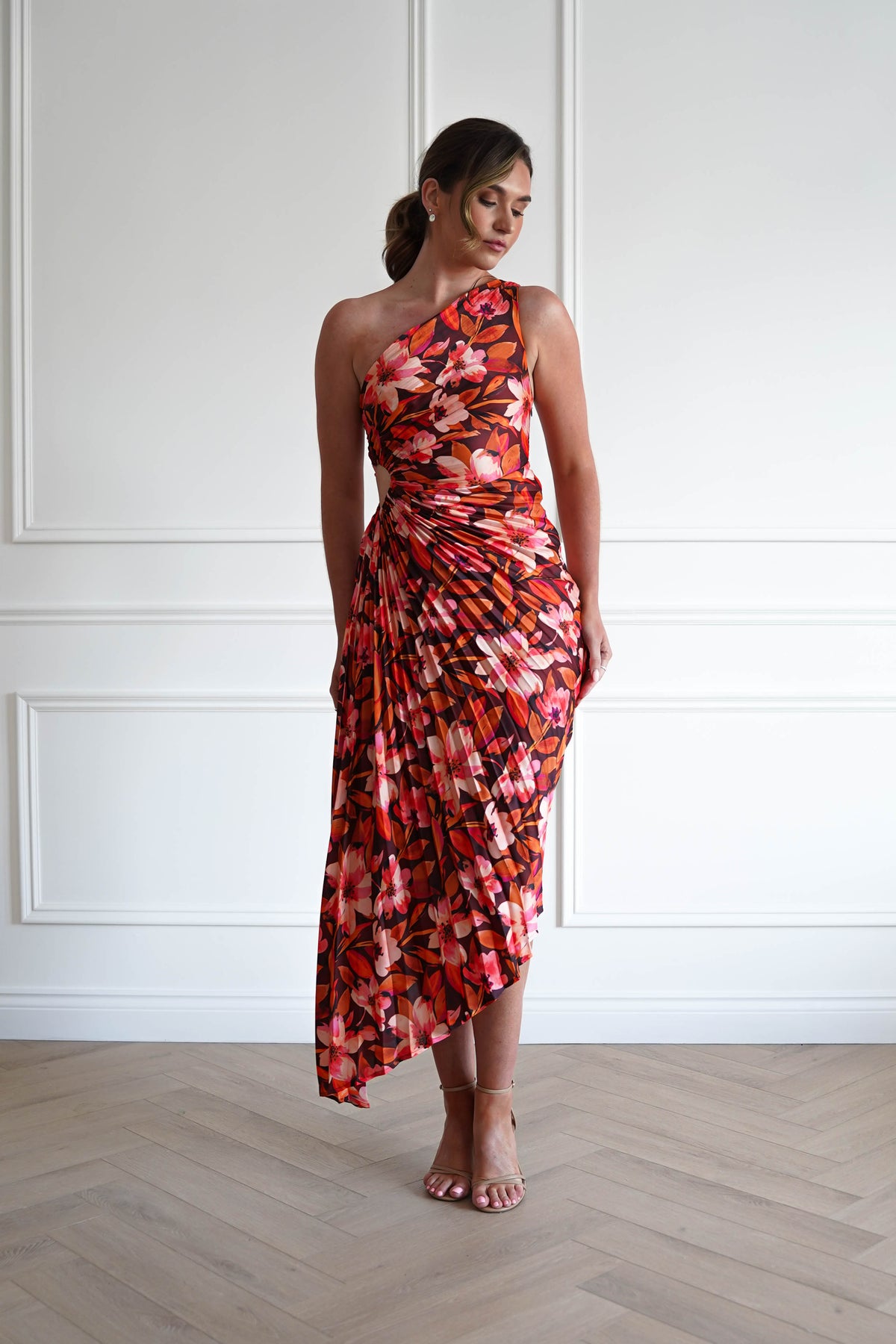1*DONE -DRESS FORUM-FD10589-ROOIBOSFLORAL- One Shoulder Pleated Floral Midi Dress-Oh Hello Clothing