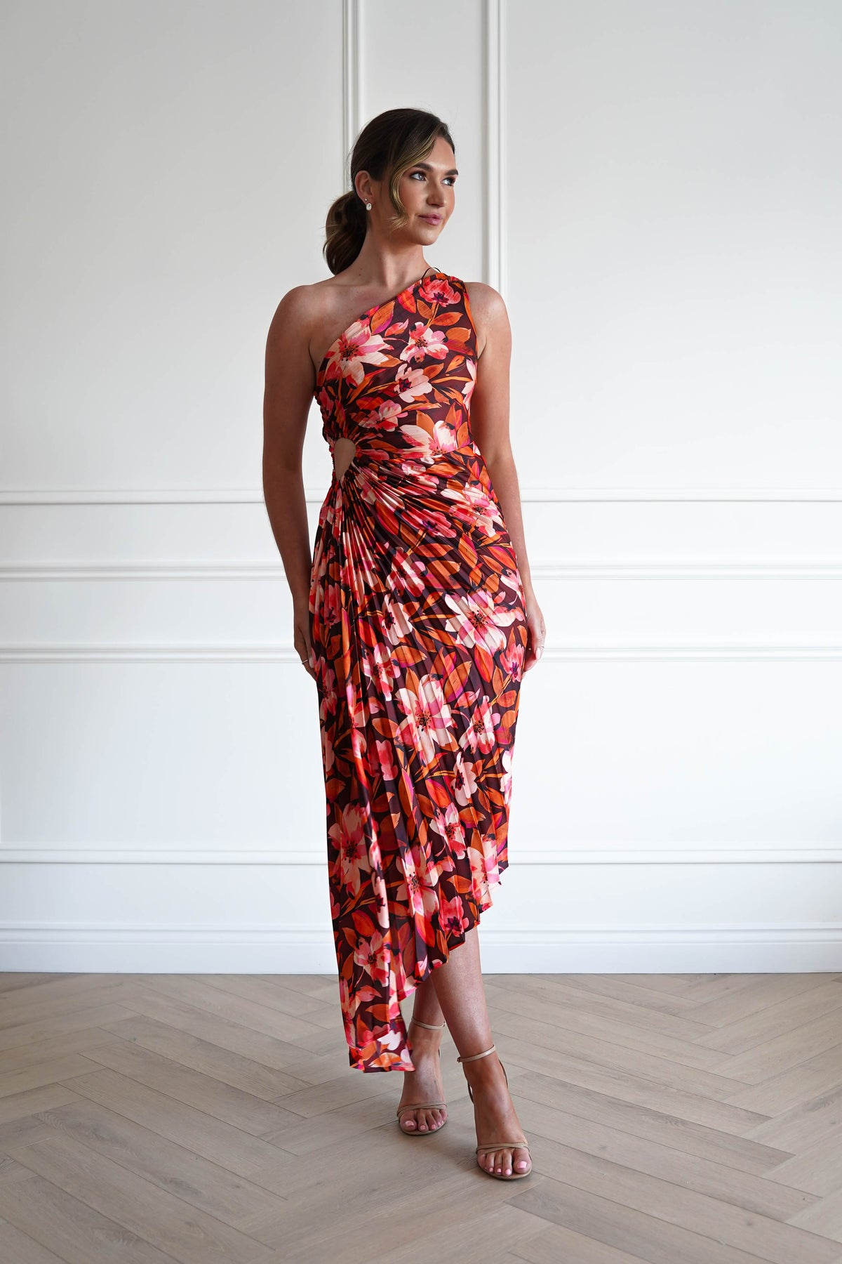1*DONE -DRESS FORUM-FD10589-ROOIBOSFLORAL- One Shoulder Pleated Floral Midi Dress-Oh Hello Clothing