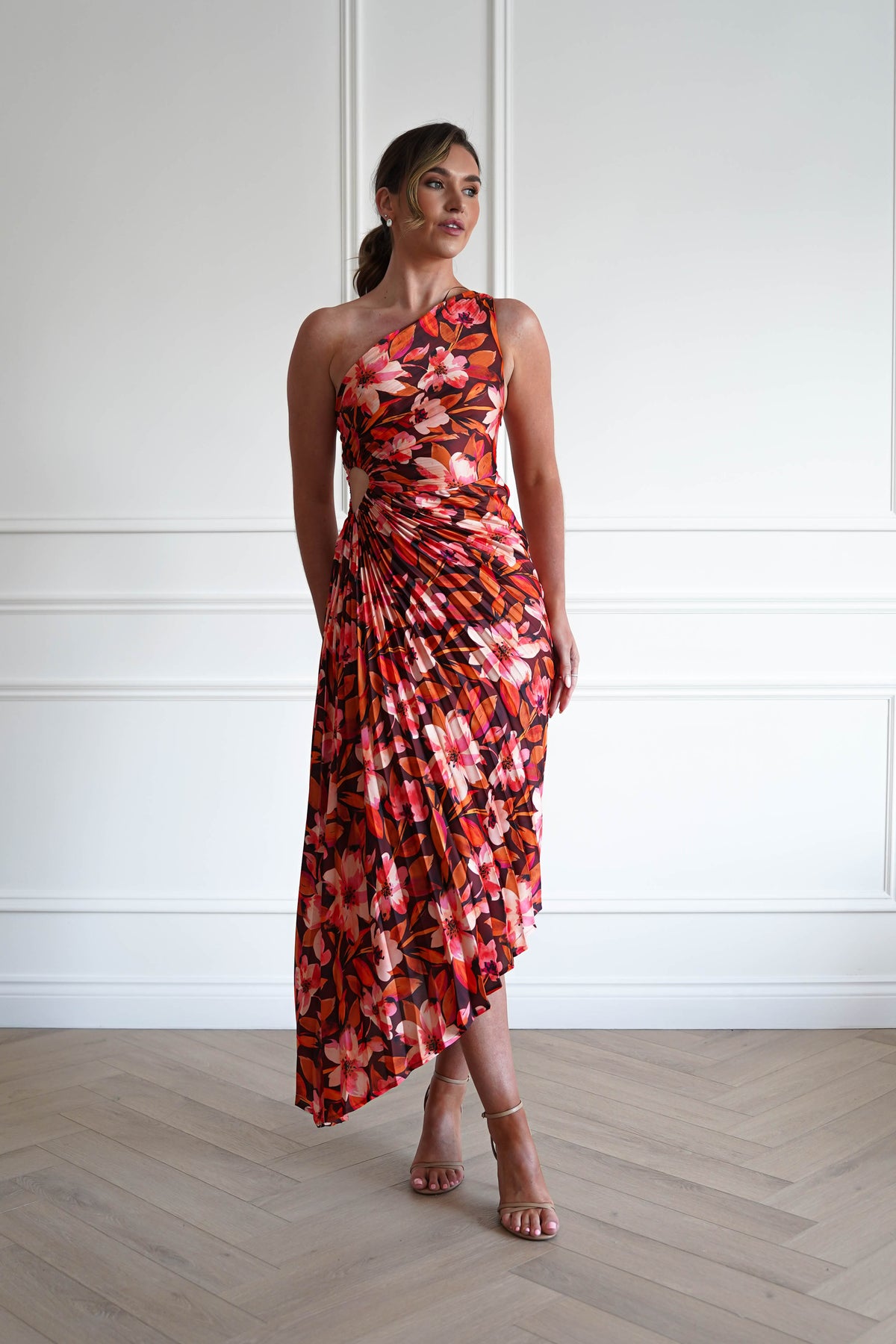 1*DONE -DRESS FORUM-FD10589-ROOIBOSFLORAL- One Shoulder Pleated Floral Midi Dress-Oh Hello Clothing