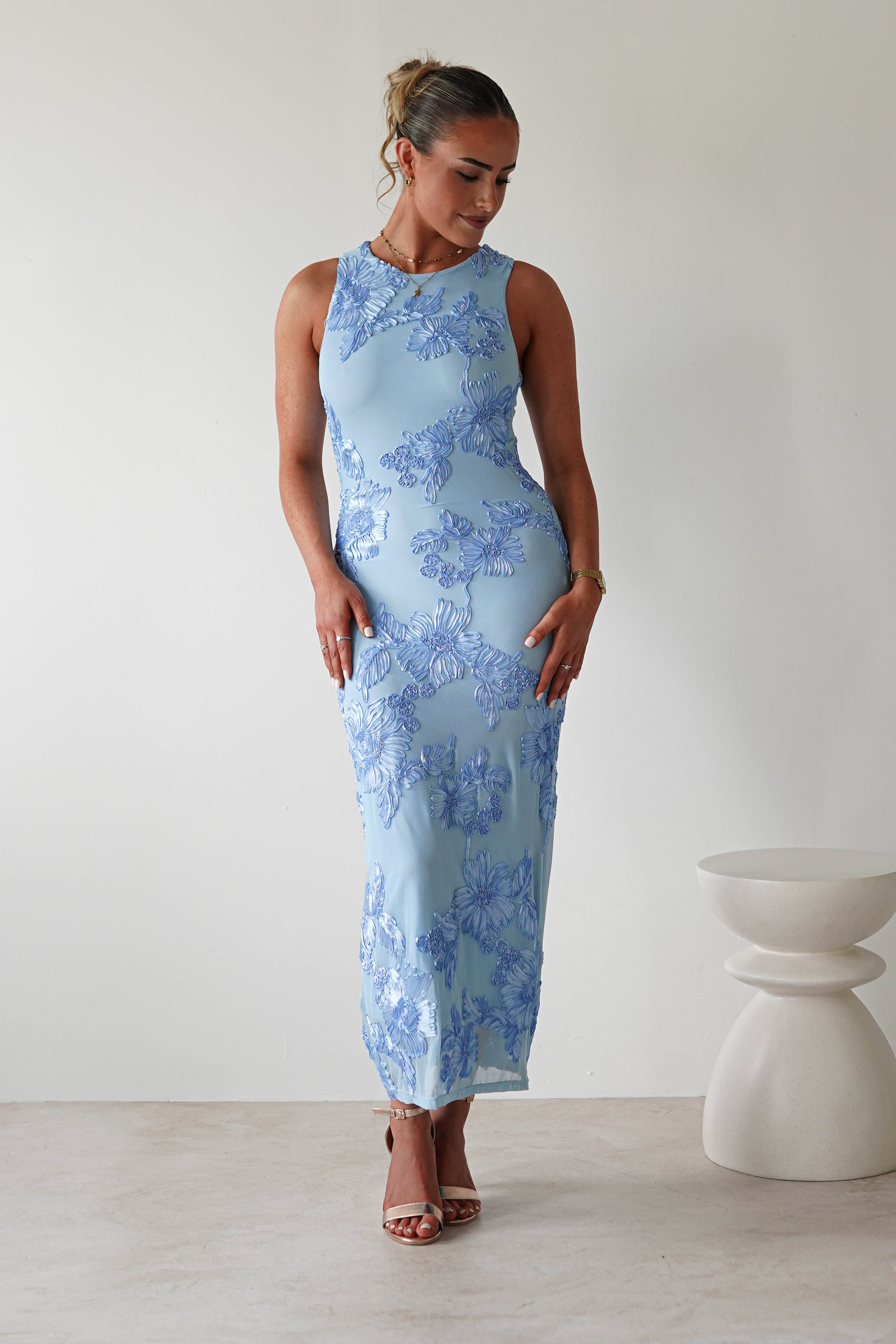 Eliana Bodycon Midi Dress Blue Textured | Wedding Guest Dress | Bodycon | Midi | Oh Hello Clothing