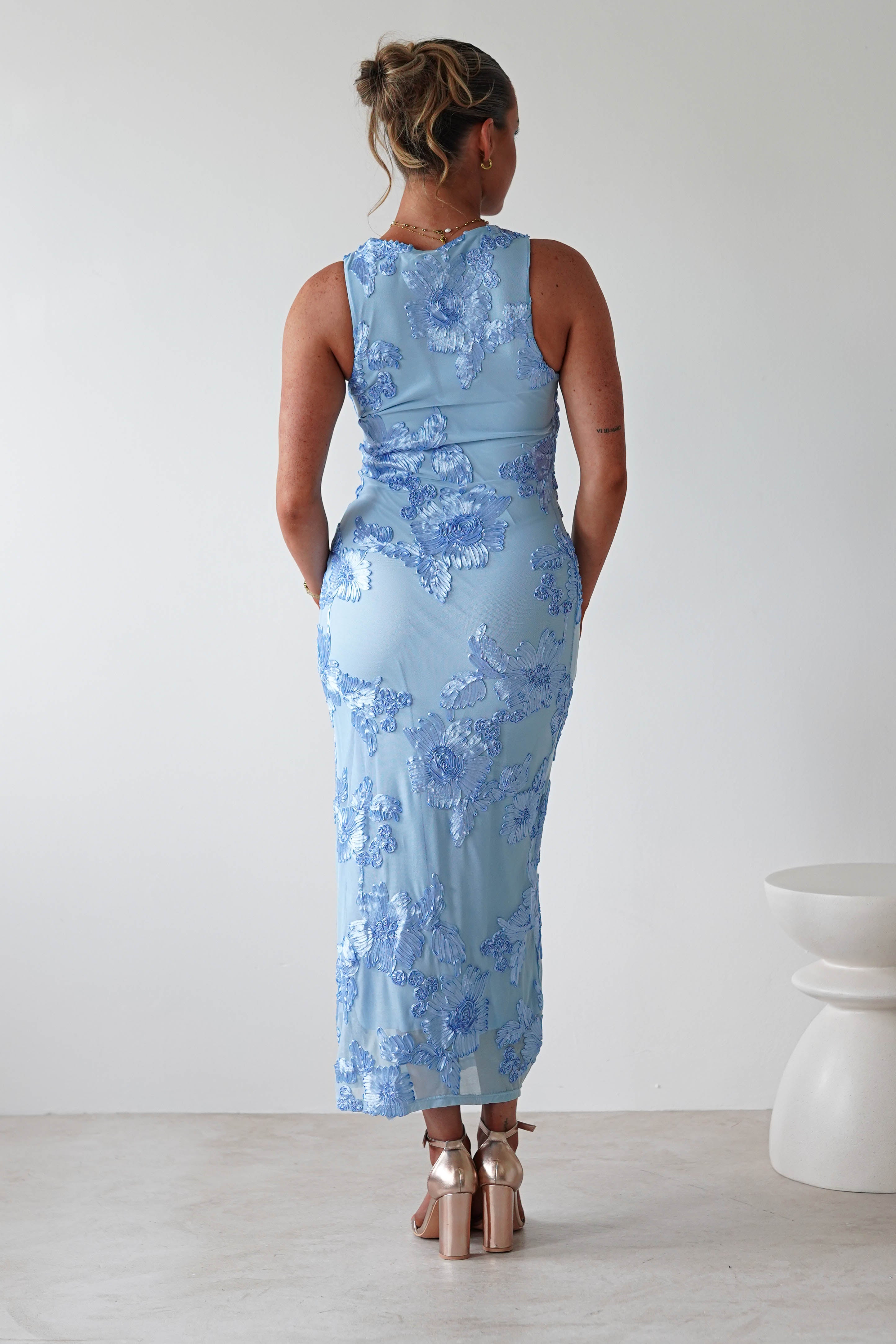 Eliana Bodycon Midi Dress Blue Textured | Wedding Guest Dress | Bodycon | Midi | Oh Hello Clothing