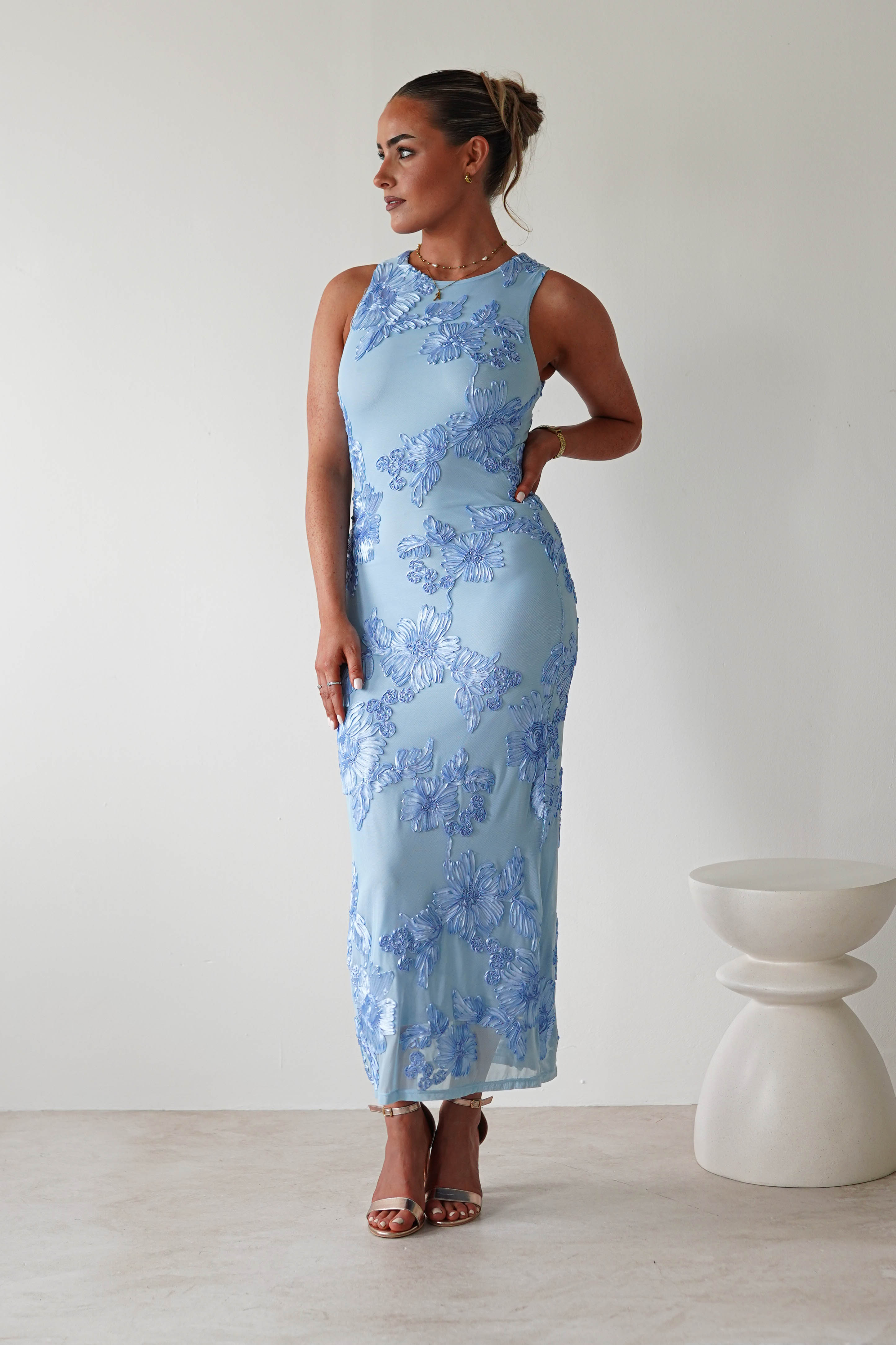 Eliana Bodycon Midi Dress Blue Textured | Wedding Guest Dress | Bodycon | Midi | Oh Hello Clothing