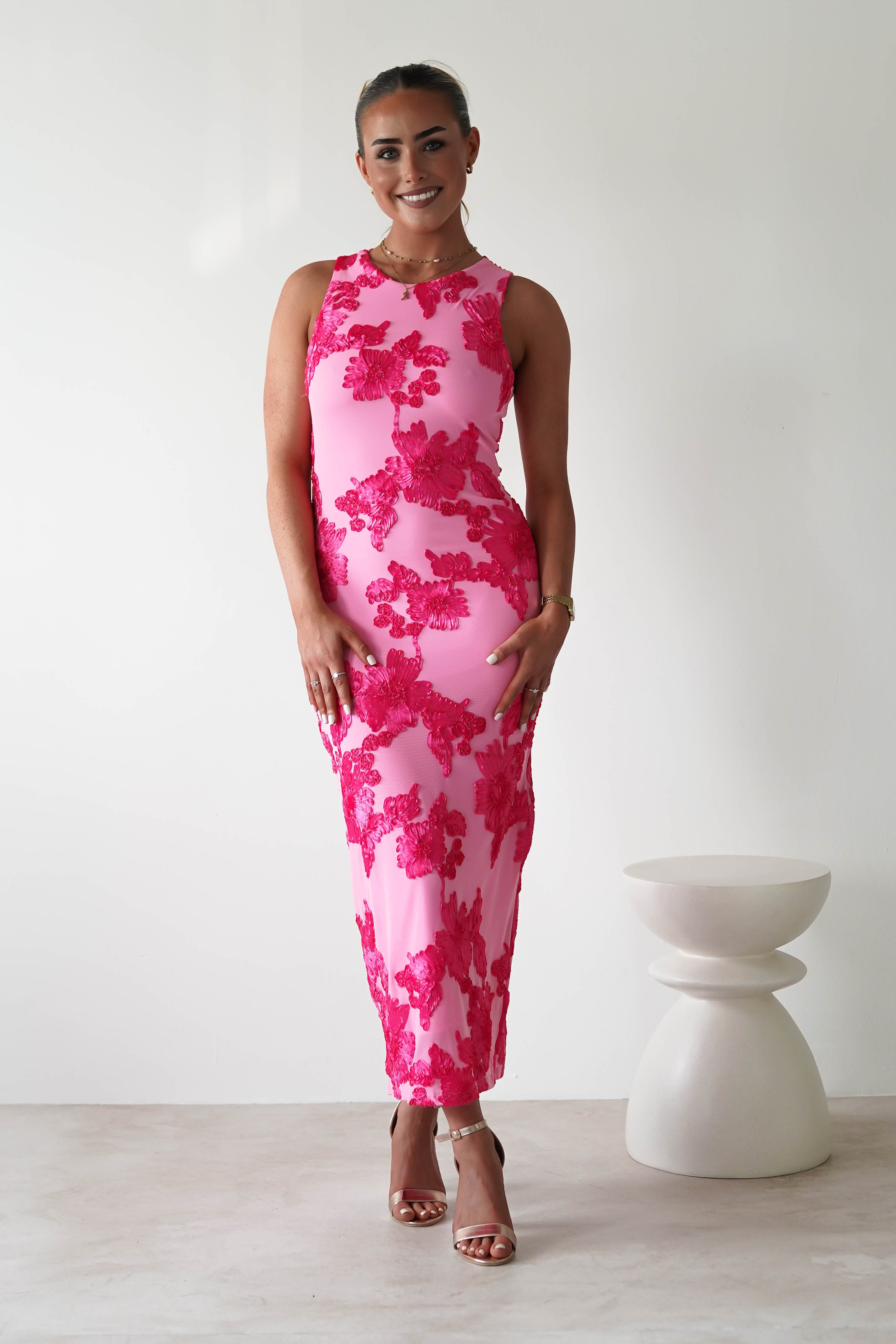 Eliana Bodycon Midi Dress Pink Textured | Wedding Guest Dress | Bodycon | Midi | Oh Hello Clothing