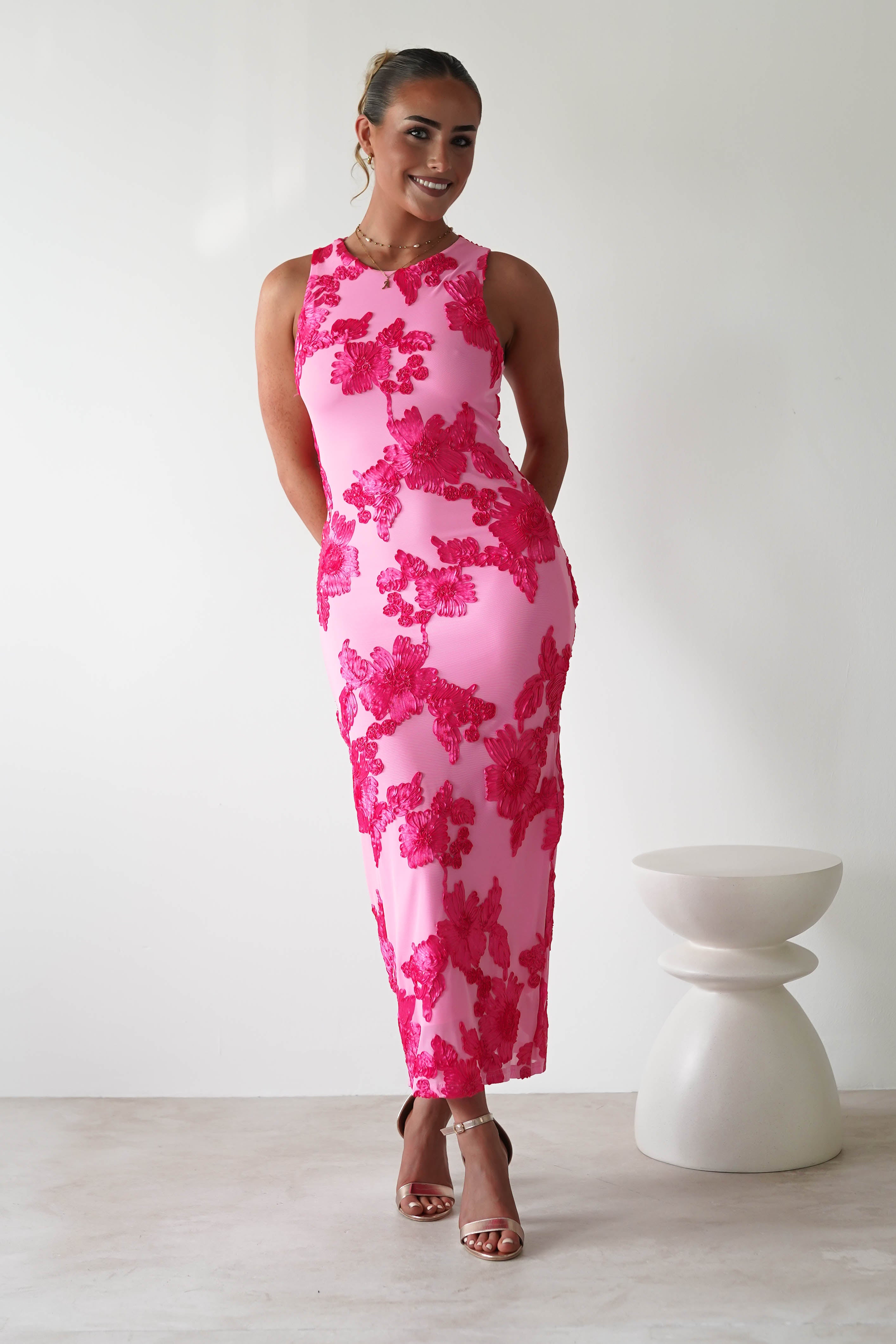 Eliana Bodycon Midi Dress Pink Textured | Wedding Guest Dress | Bodycon | Midi | Oh Hello Clothing