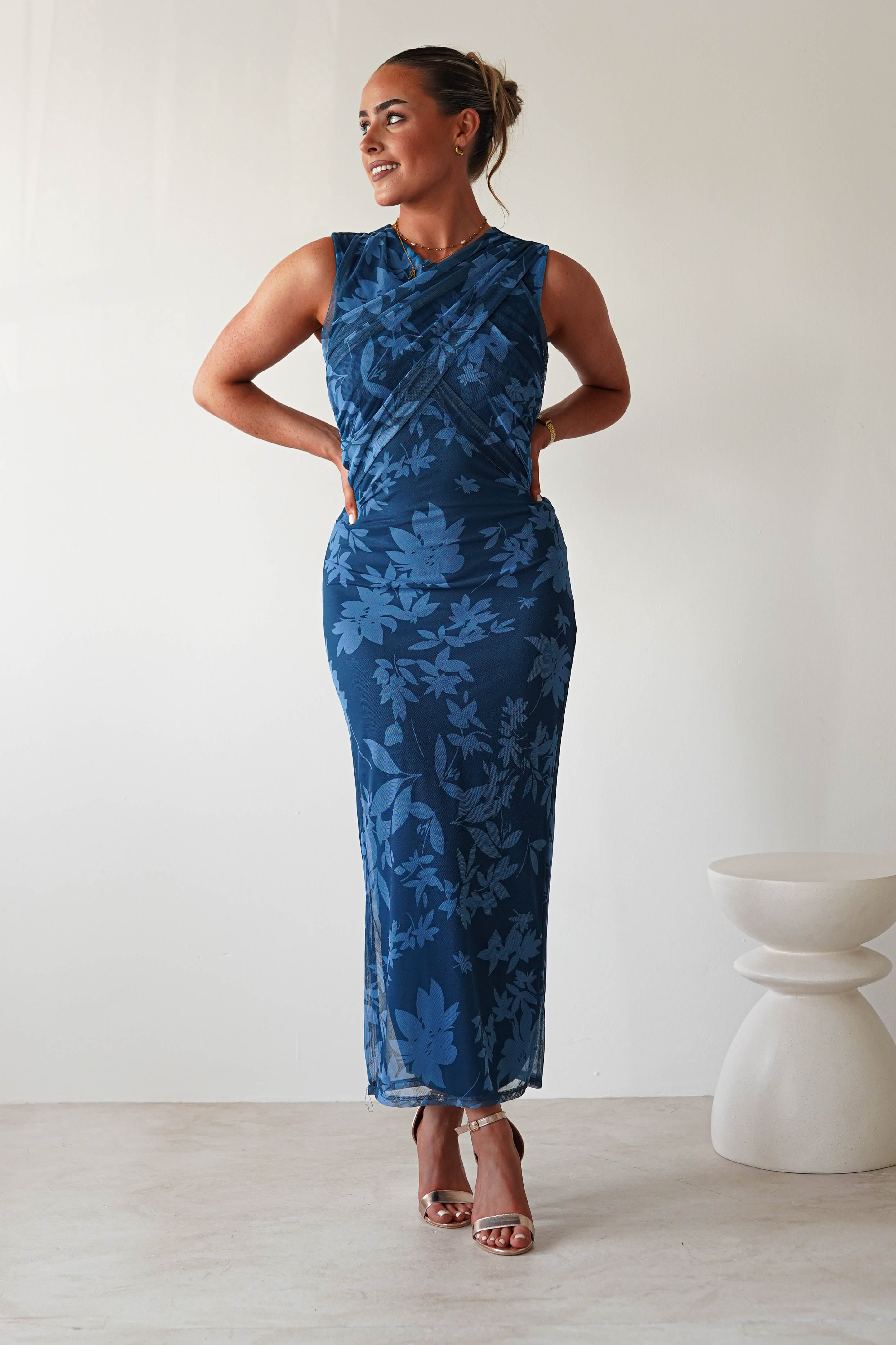 Meadow Floral Mesh Midi Dress Blue | Wedding Guest Dress | Midi | Mesh | Oh Hello Clothing
