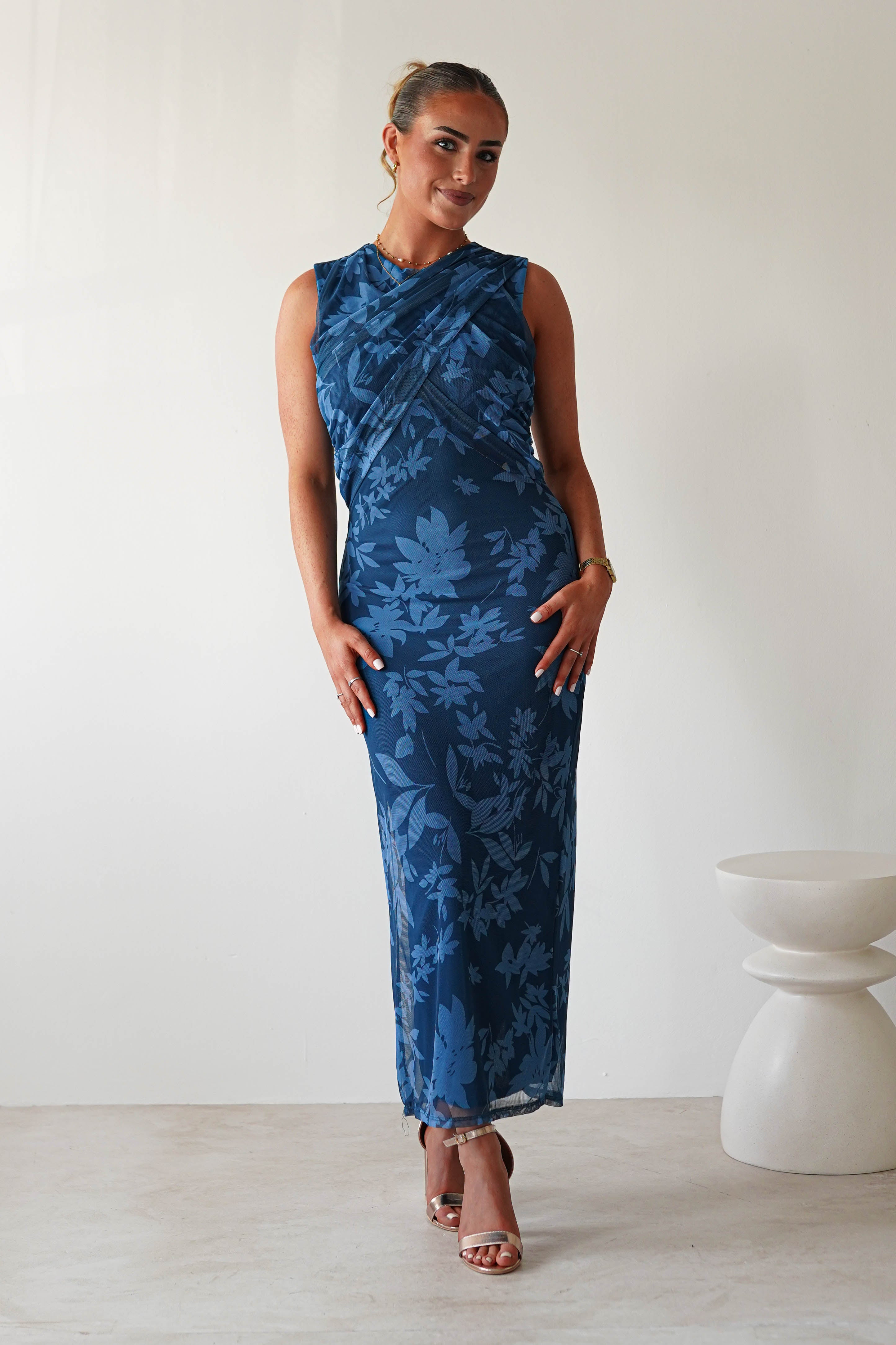 Meadow Floral Mesh Midi Dress Blue | Wedding Guest Dress | Midi | Mesh | Oh Hello Clothing