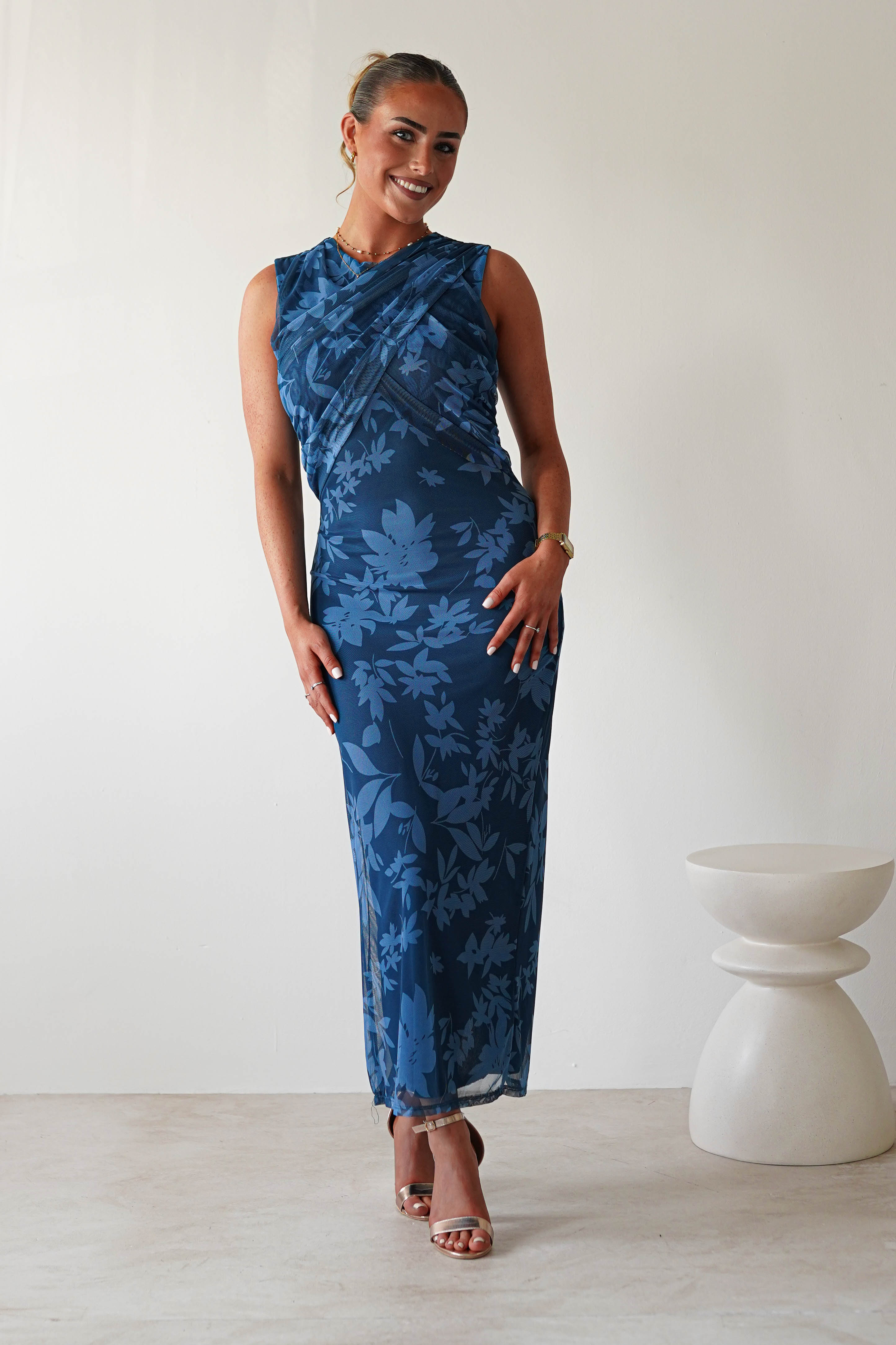 Meadow Floral Mesh Midi Dress Blue | Wedding Guest Dress | Midi | Mesh | Oh Hello Clothing