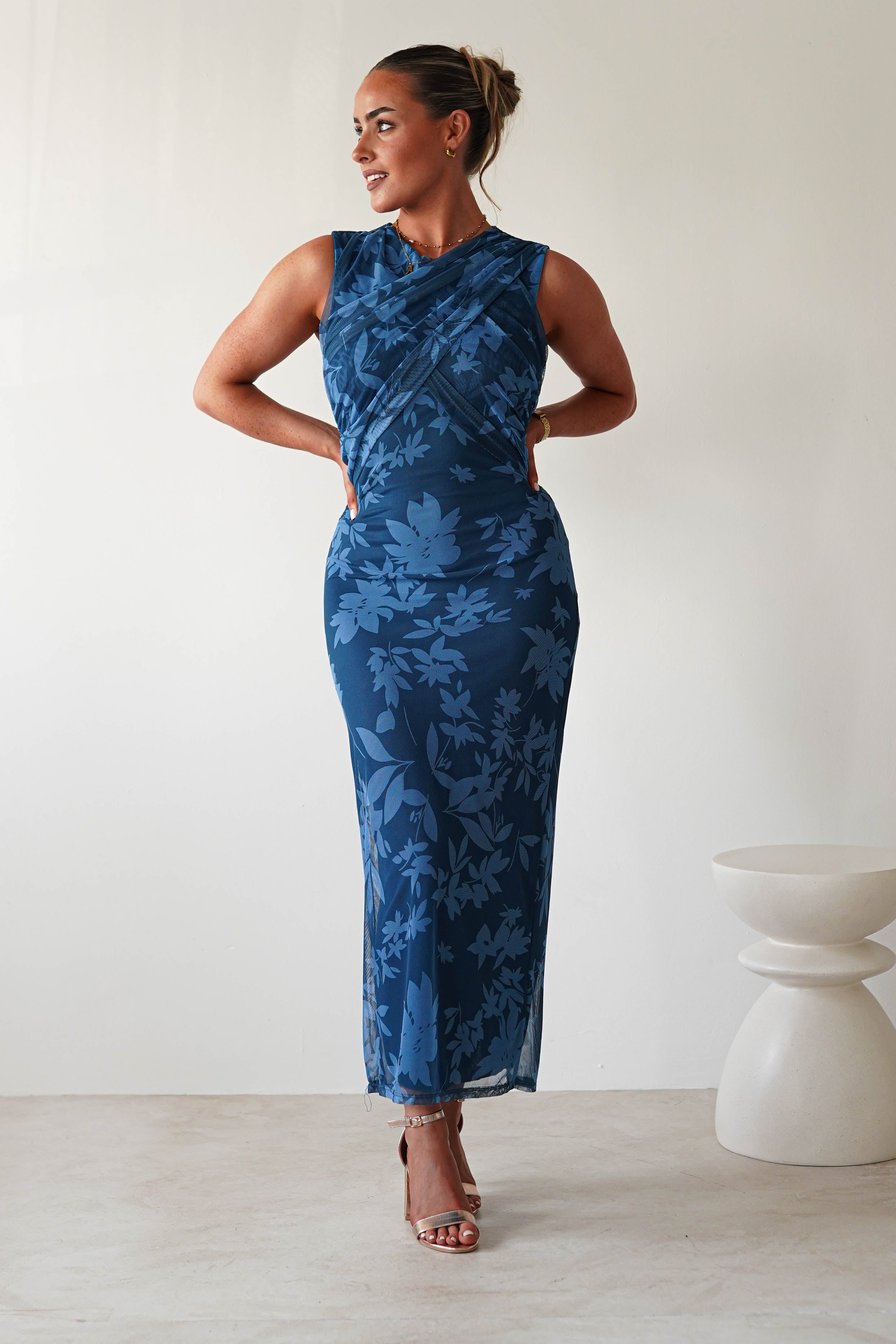 Meadow Floral Mesh Midi Dress Blue | Wedding Guest Dress | Midi | Mesh | Oh Hello Clothing