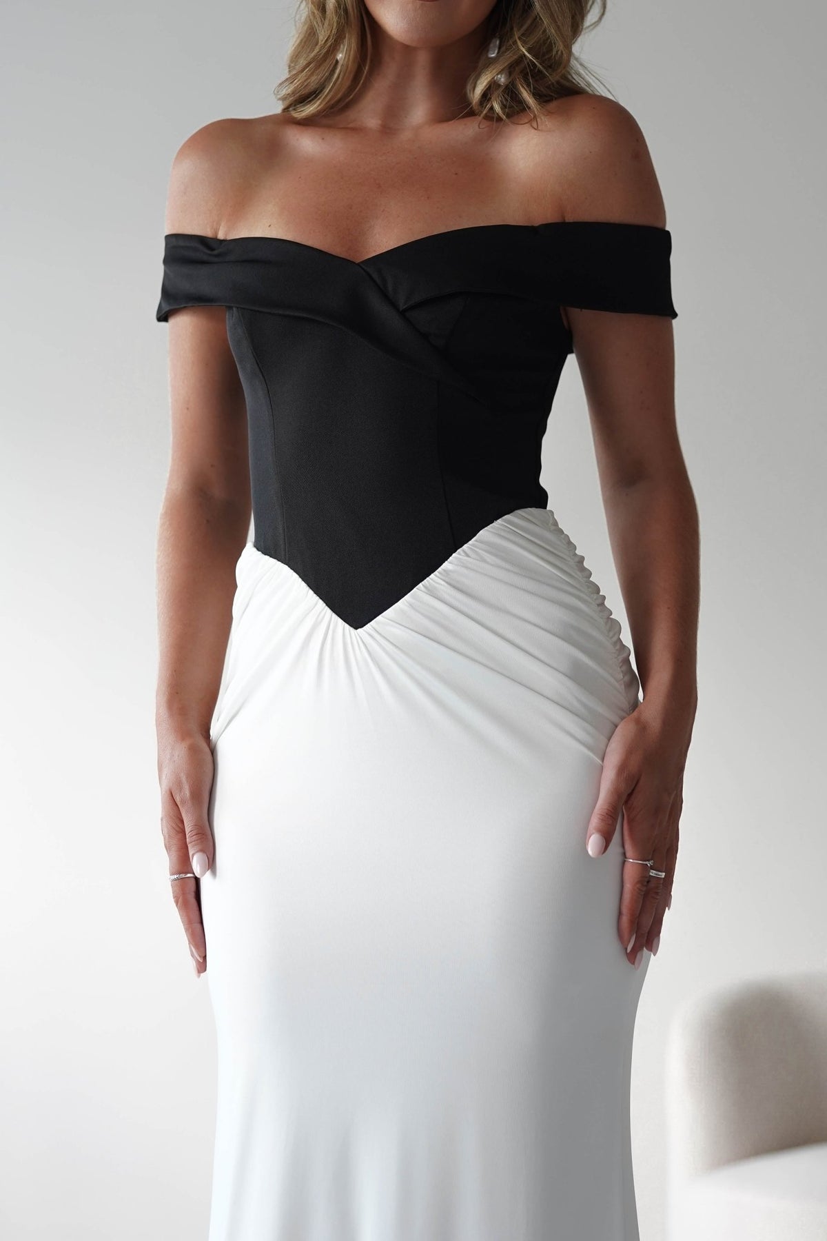 Abellina Bodycon Mixi Dress | White/Black-Oh Hello Clothing