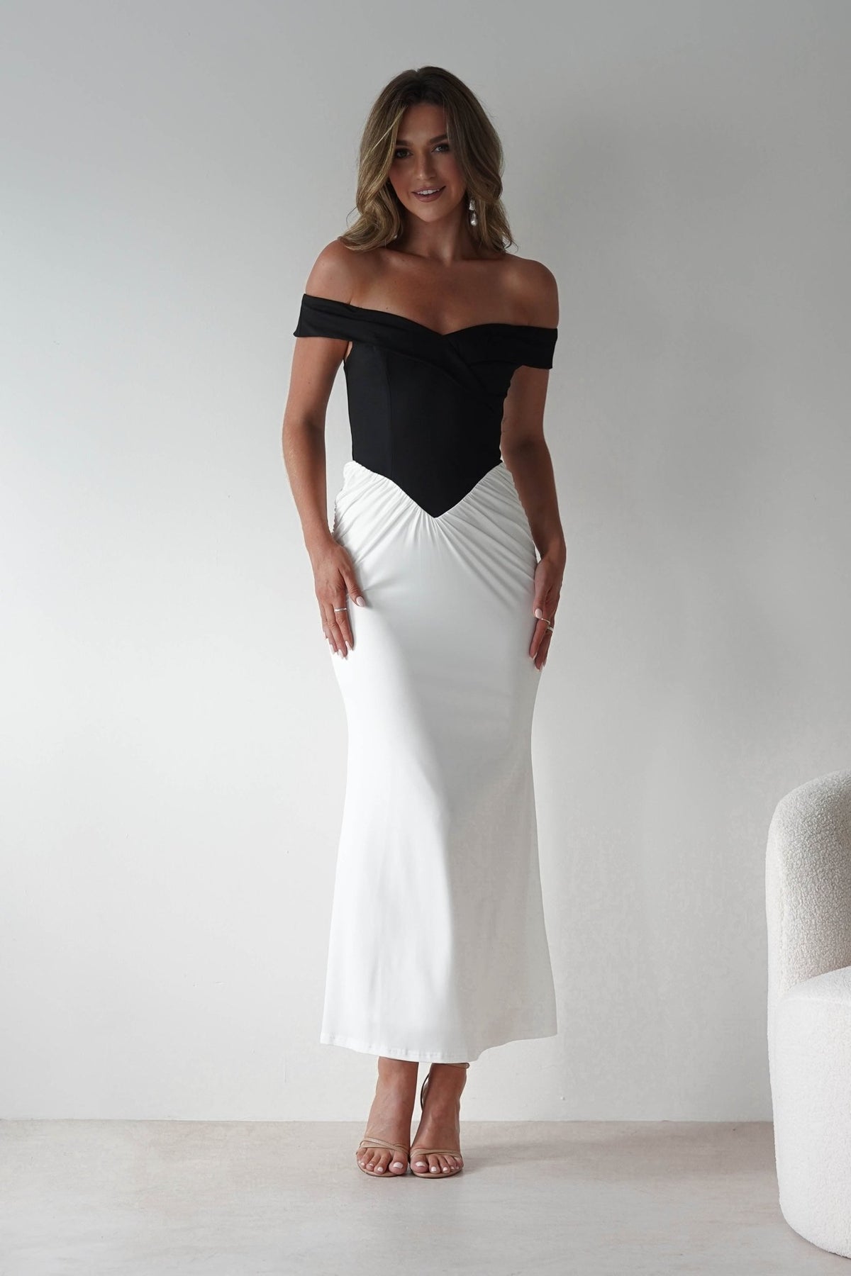 Abellina Bodycon Mixi Dress | White/Black-Oh Hello Clothing