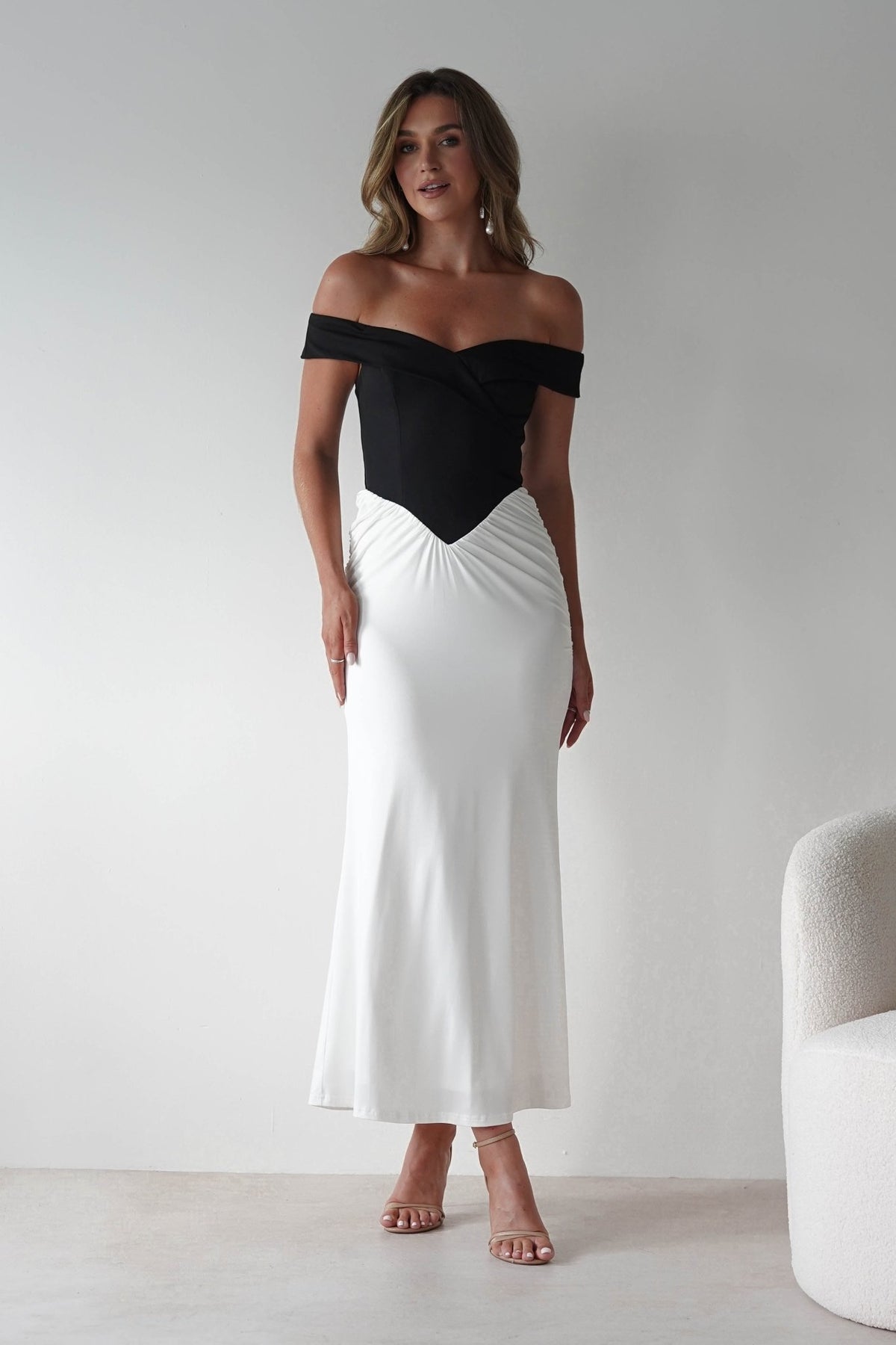 Abellina Bodycon Mixi Dress | White/Black-Oh Hello Clothing