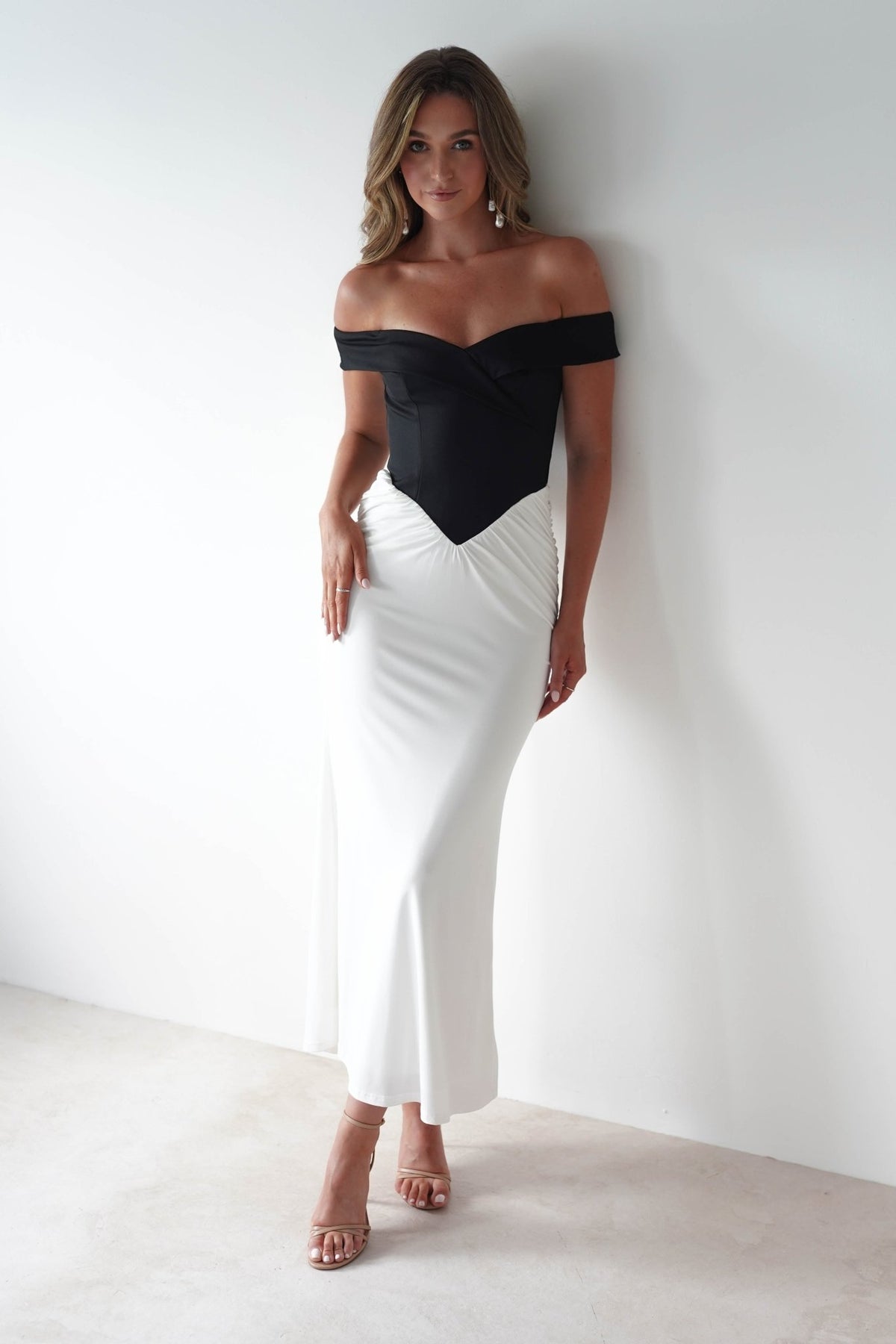 Abellina Bodycon Mixi Dress | White/Black-Oh Hello Clothing