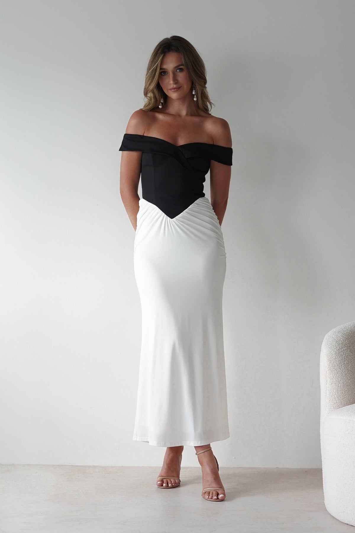 Abellina Bodycon Mixi Dress | White/Black-Oh Hello Clothing