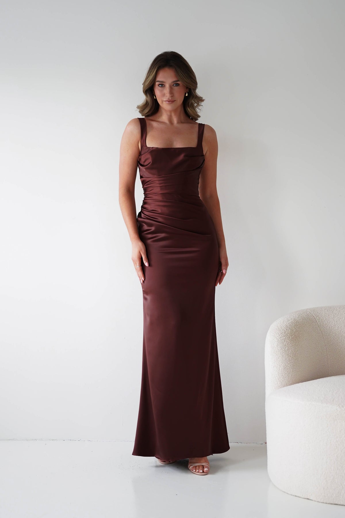 Addison Sqaure Neck Satin Maxi Dress | Espresso-Oh Hello Clothing