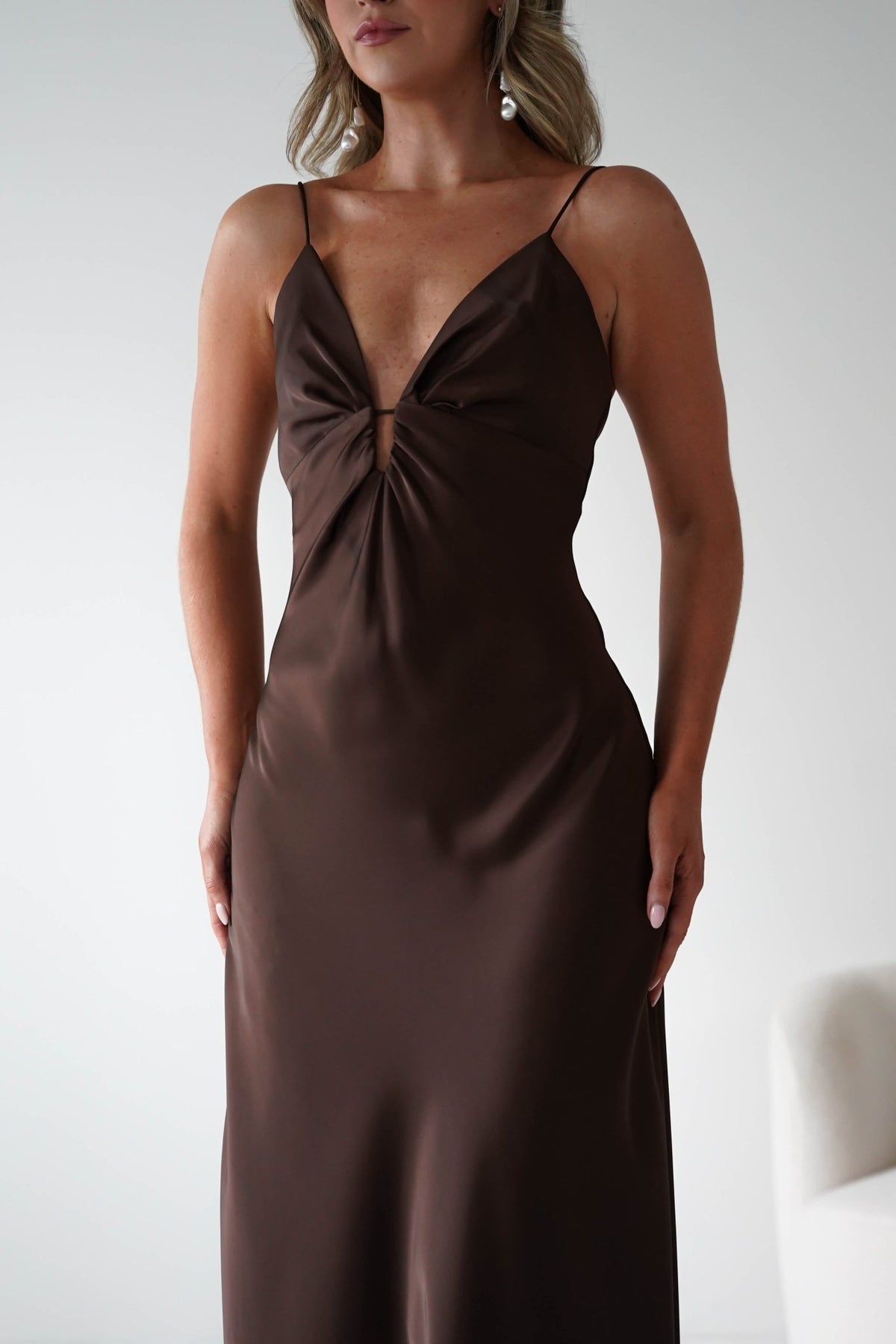 Adley Soft Satin Maxi Dress | Brown-Oh Hello Clothing