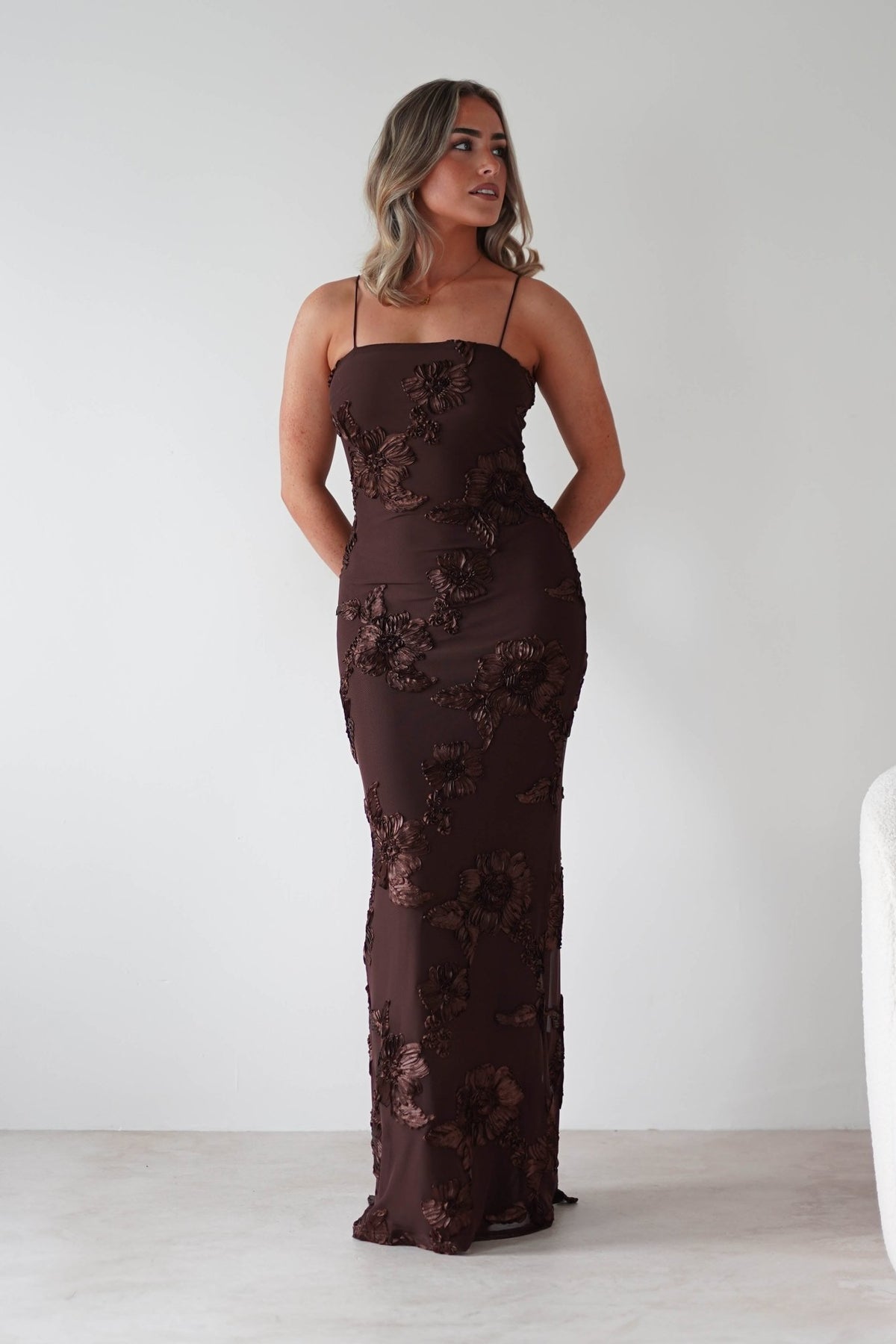 Alvana Floral Appliqué Maxi Dress | Brown-Oh Hello Clothing