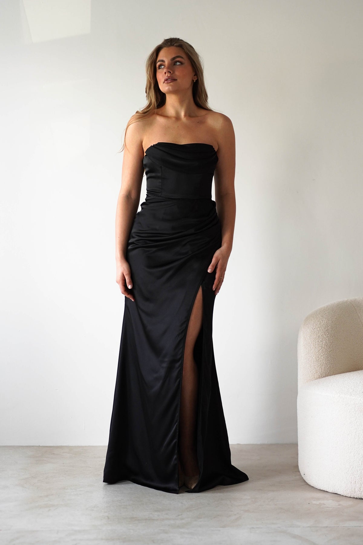 Alyce Soft Satin Strapless Gown | Black-Oh Hello Clothing