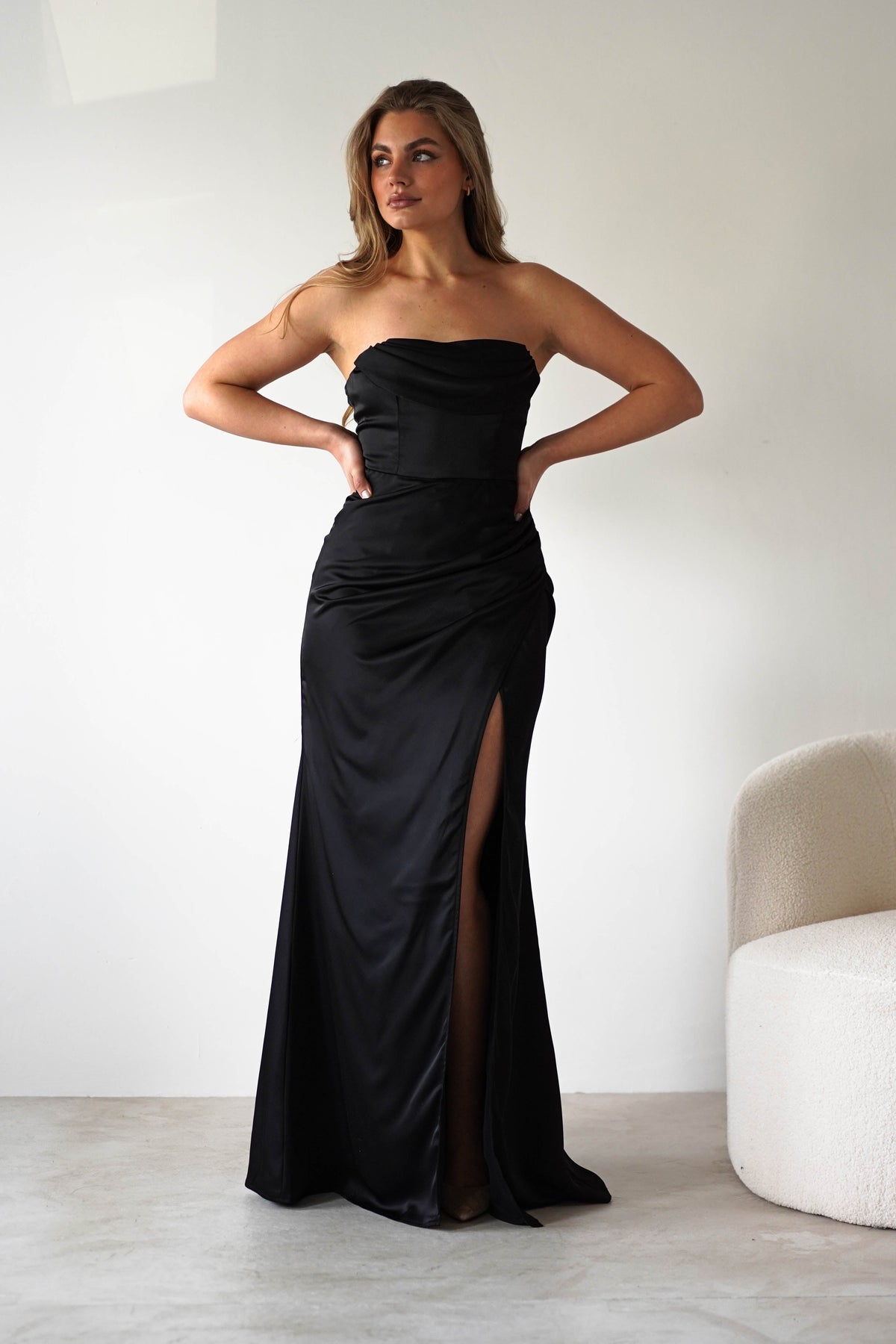 Alyce Soft Satin Strapless Gown | Black-Oh Hello Clothing