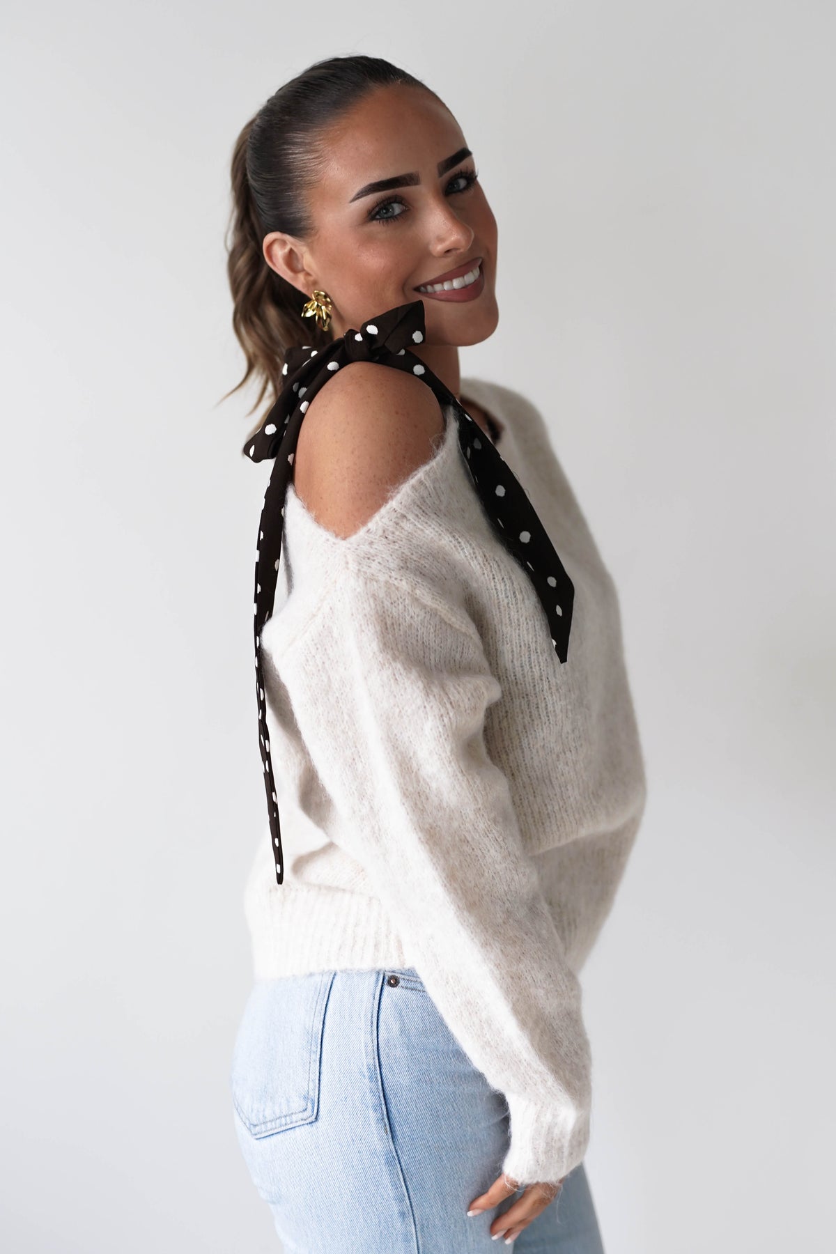 Angie Polka Dot Detail Jumper | Beige/Brown-Oh Hello Clothing
