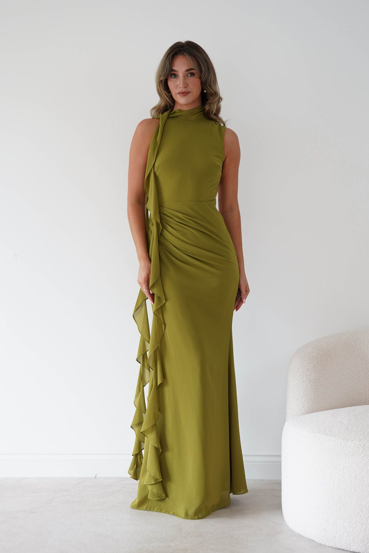 Aoife Draped Rosette Maxi Dress | Chartreuse Green-Oh Hello Clothing