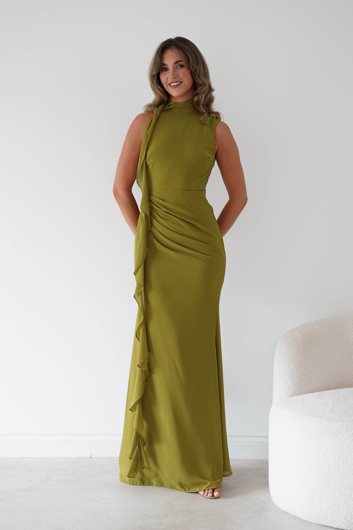 Aoife Draped Rosette Maxi Dress | Chartreuse Green-Oh Hello Clothing