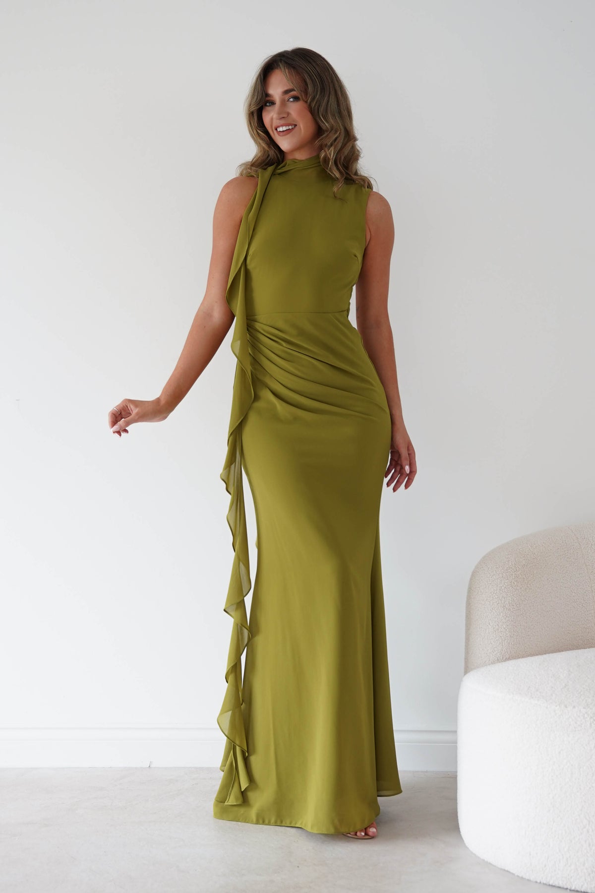 Aoife Draped Rosette Maxi Dress | Chartreuse Green-Oh Hello Clothing