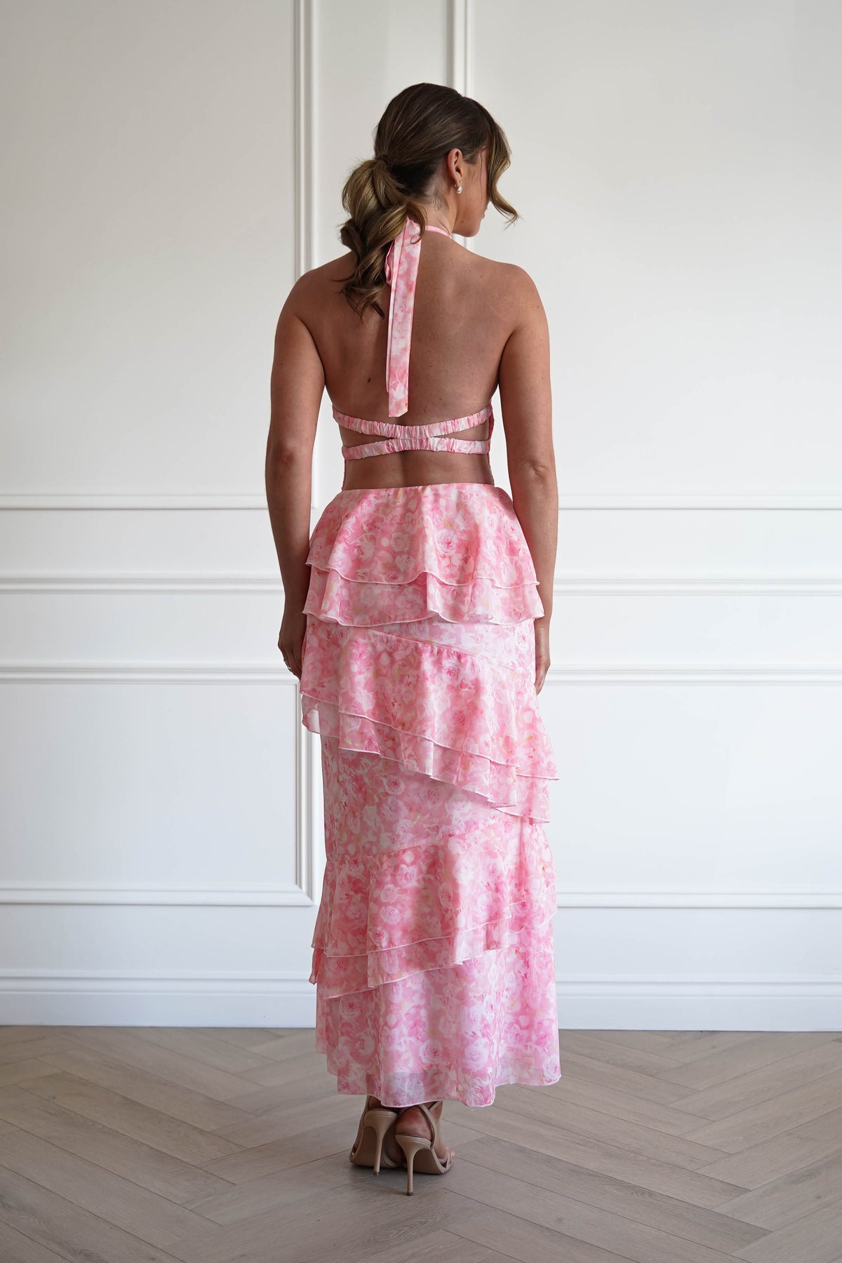 Aryanna Tiered Halter Maxi Dress | Pink Print-Oh Hello Clothing