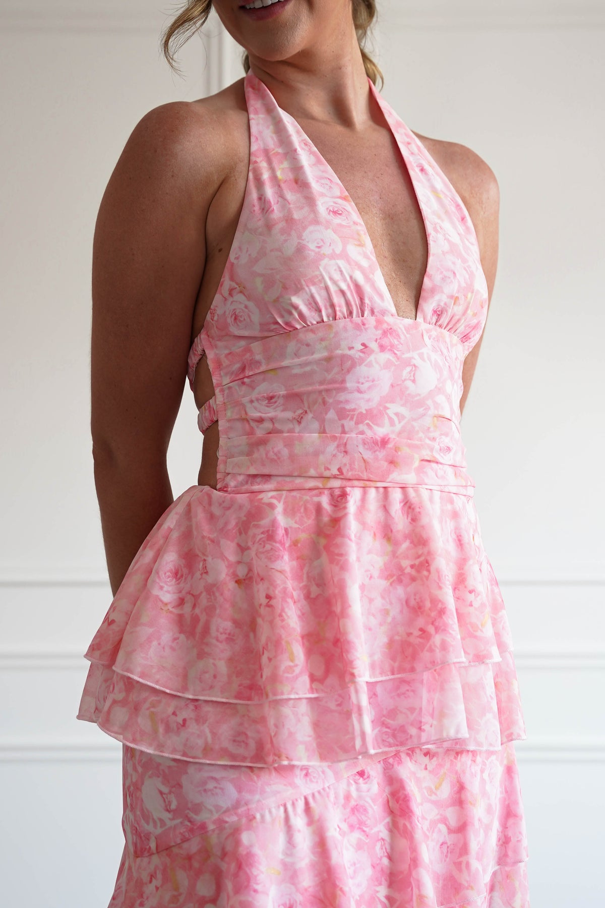 Aryanna Tiered Halter Maxi Dress | Pink Print-Oh Hello Clothing