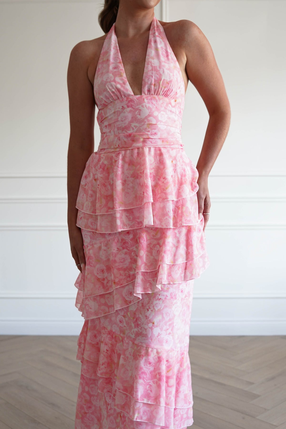 Aryanna Tiered Halter Maxi Dress | Pink Print-Oh Hello Clothing