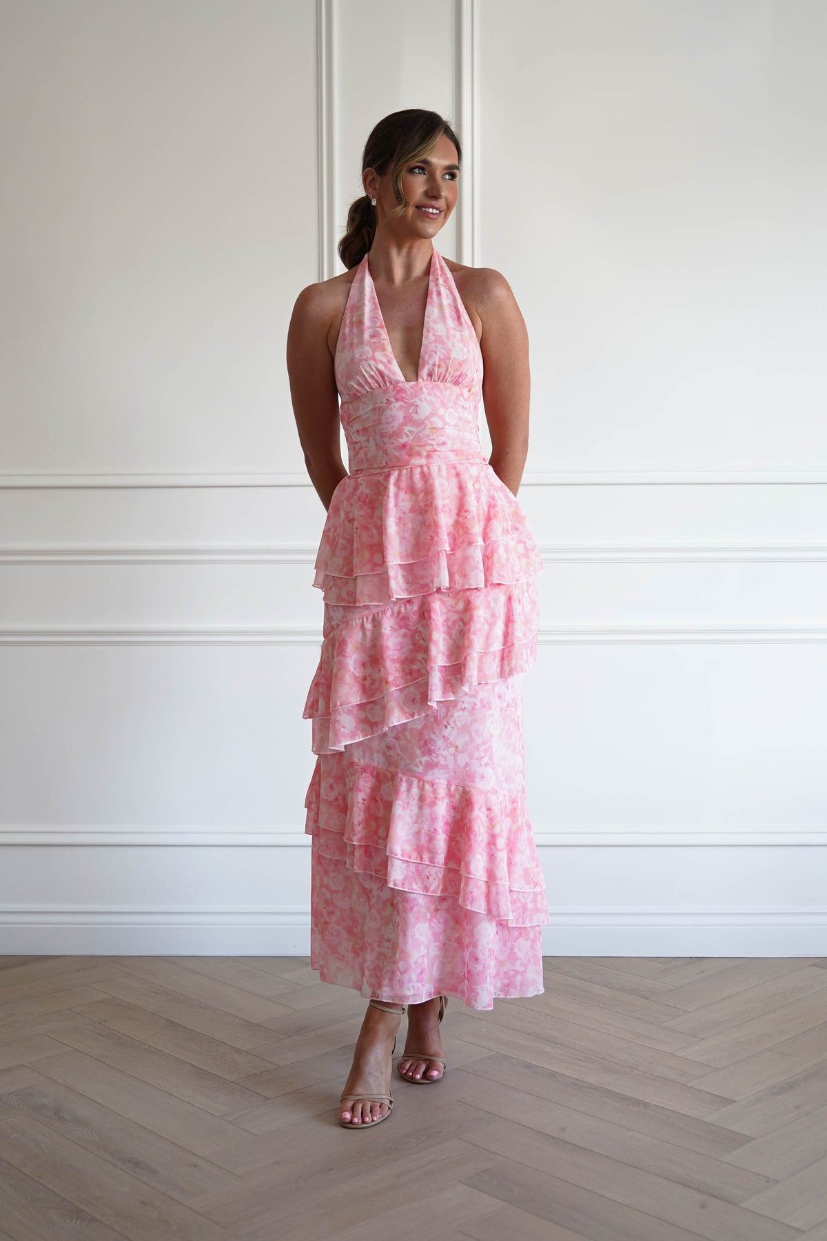 Aryanna Tiered Halter Maxi Dress | Pink Print-Oh Hello Clothing