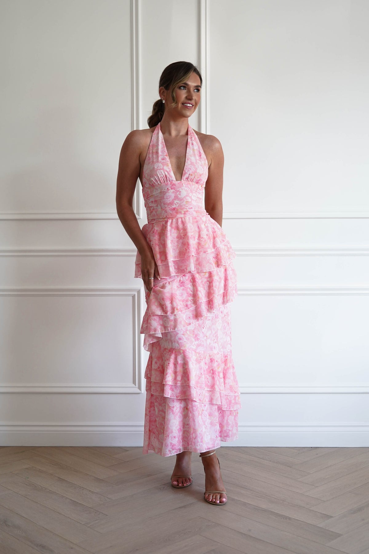 Aryanna Tiered Halter Maxi Dress | Pink Print-Oh Hello Clothing