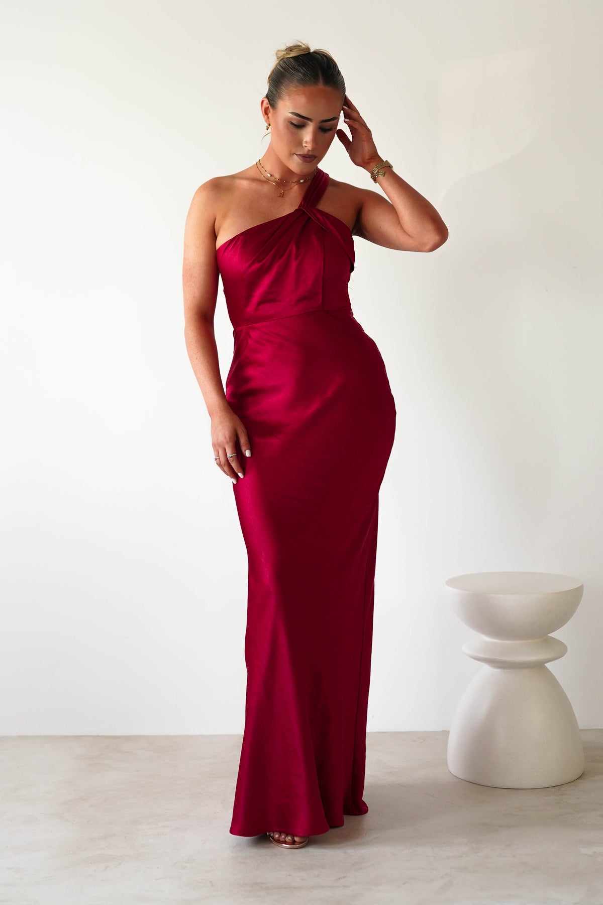Ashlee Soft Satin One Shoulder Maxi Dress | Red-Oh Hello Clothing
