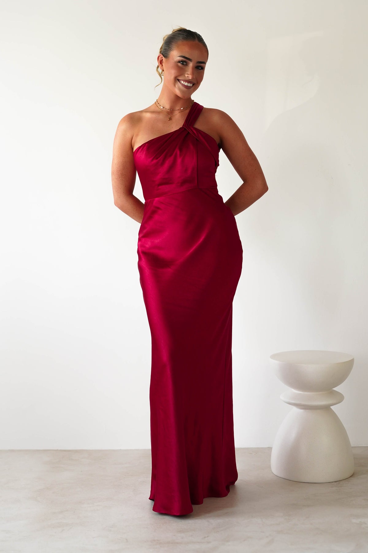 Ashlee Soft Satin One Shoulder Maxi Dress | Red-Oh Hello Clothing