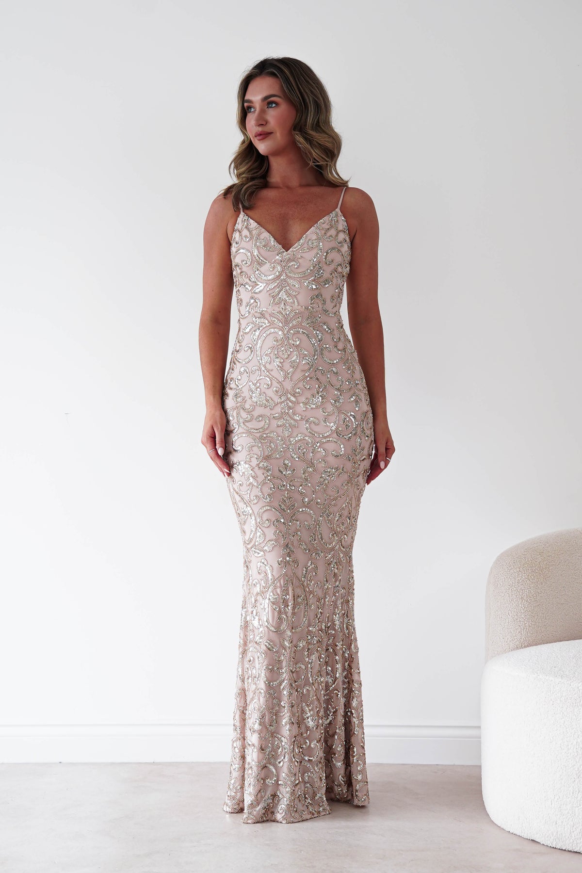 Aster Iridescent Beaded Embellished Gown | Gold-Oh Hello Clothing