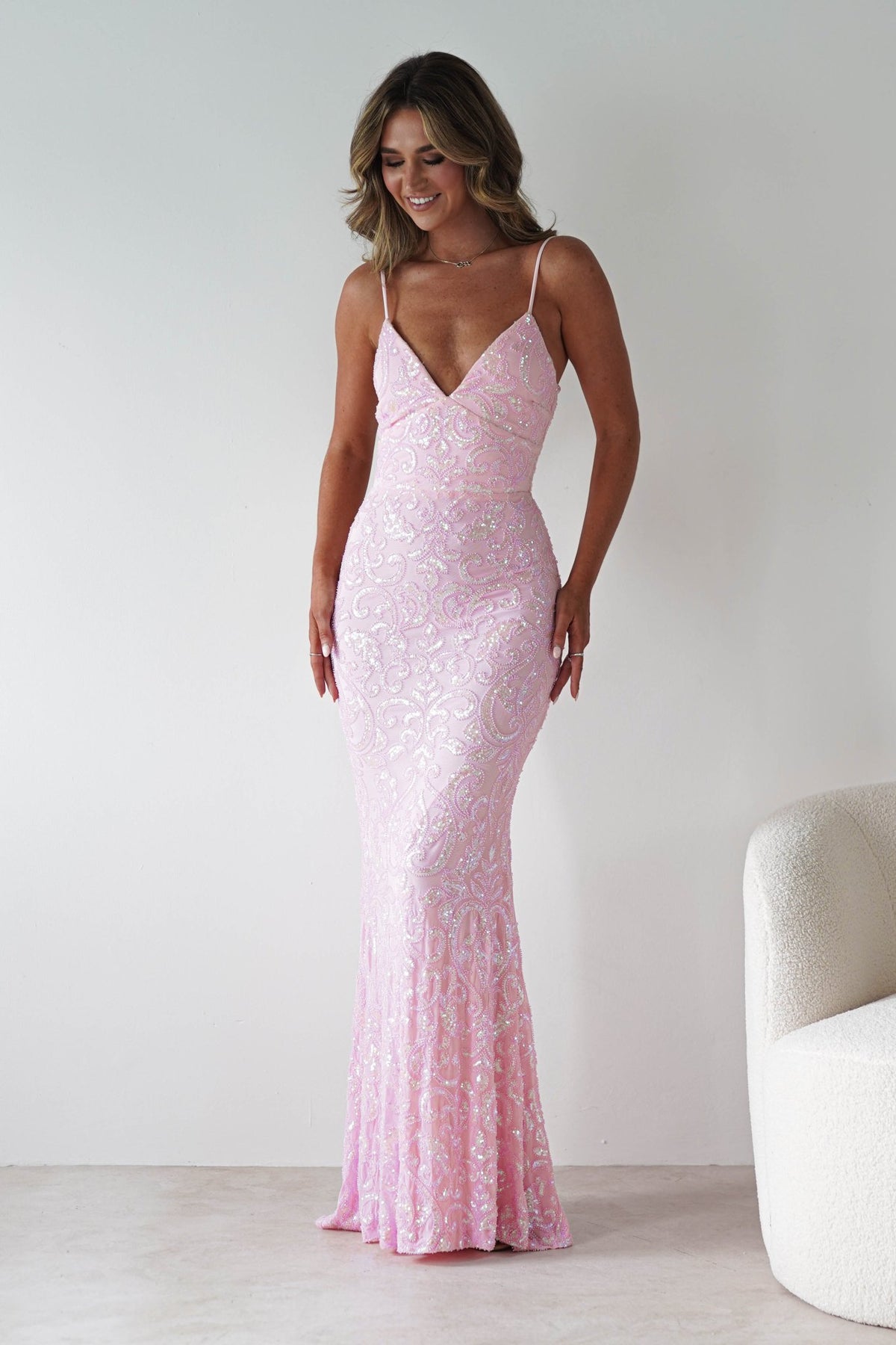 Aster Iridescent Beaded Embellished Gown | Pink-Oh Hello Clothing