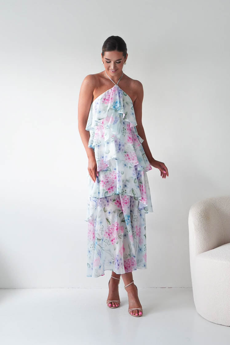 Aurora Halternack Floral Ruffle Maxi Dress-Oh Hello Clothing