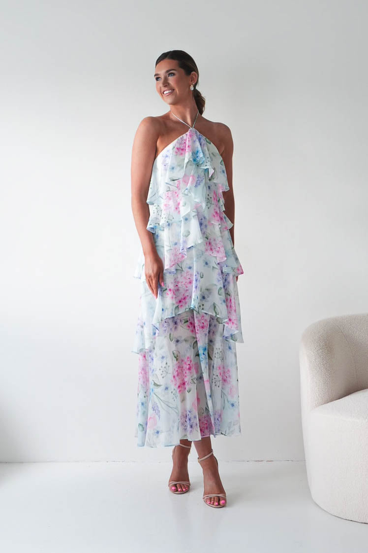 Aurora Halternack Floral Ruffle Maxi Dress-Oh Hello Clothing