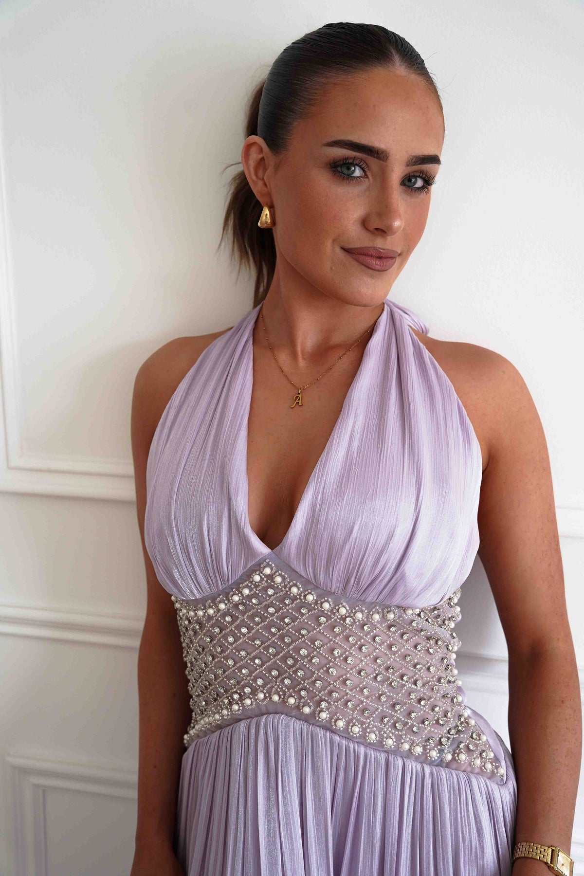 Aveline Luminescent Pleated Maxi Dress | Lilac