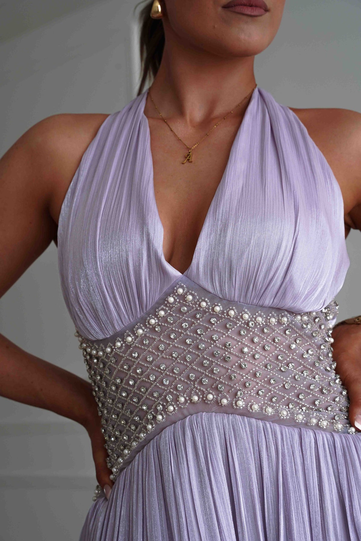 Aveline Luminescent Pleated Maxi Dress | Lilac-Oh Hello Clothing
