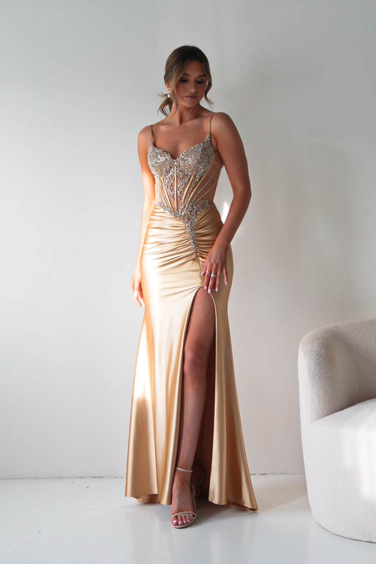 Becca Embellished Corset Evening Gown | Gold-Oh Hello Clothing
