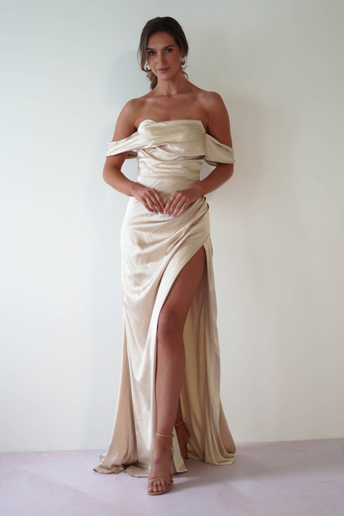 Beth Draped Silky Satin Gown | Champagne-Oh Hello Clothing