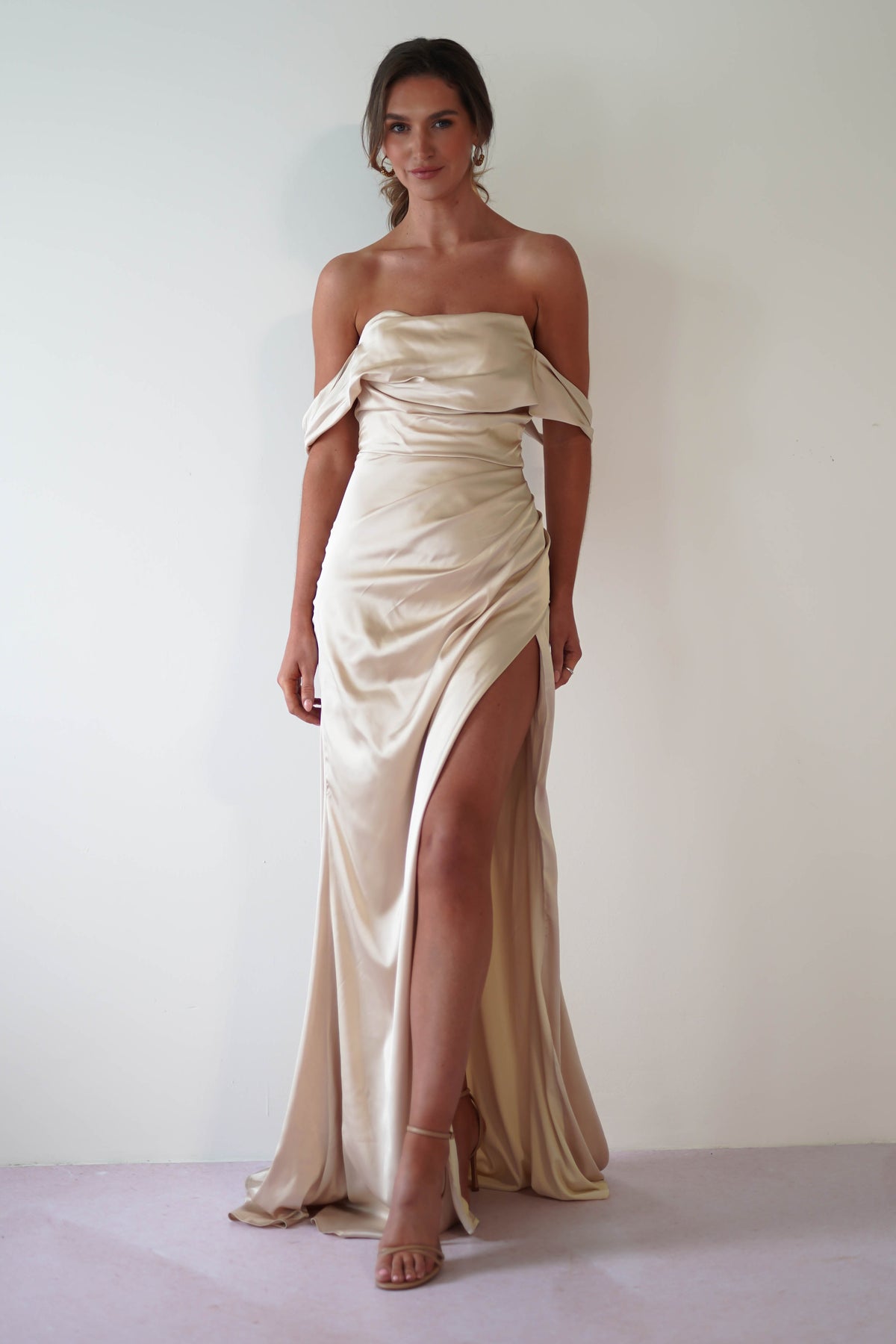 Beth Draped Silky Satin Gown | Champagne-Oh Hello Clothing