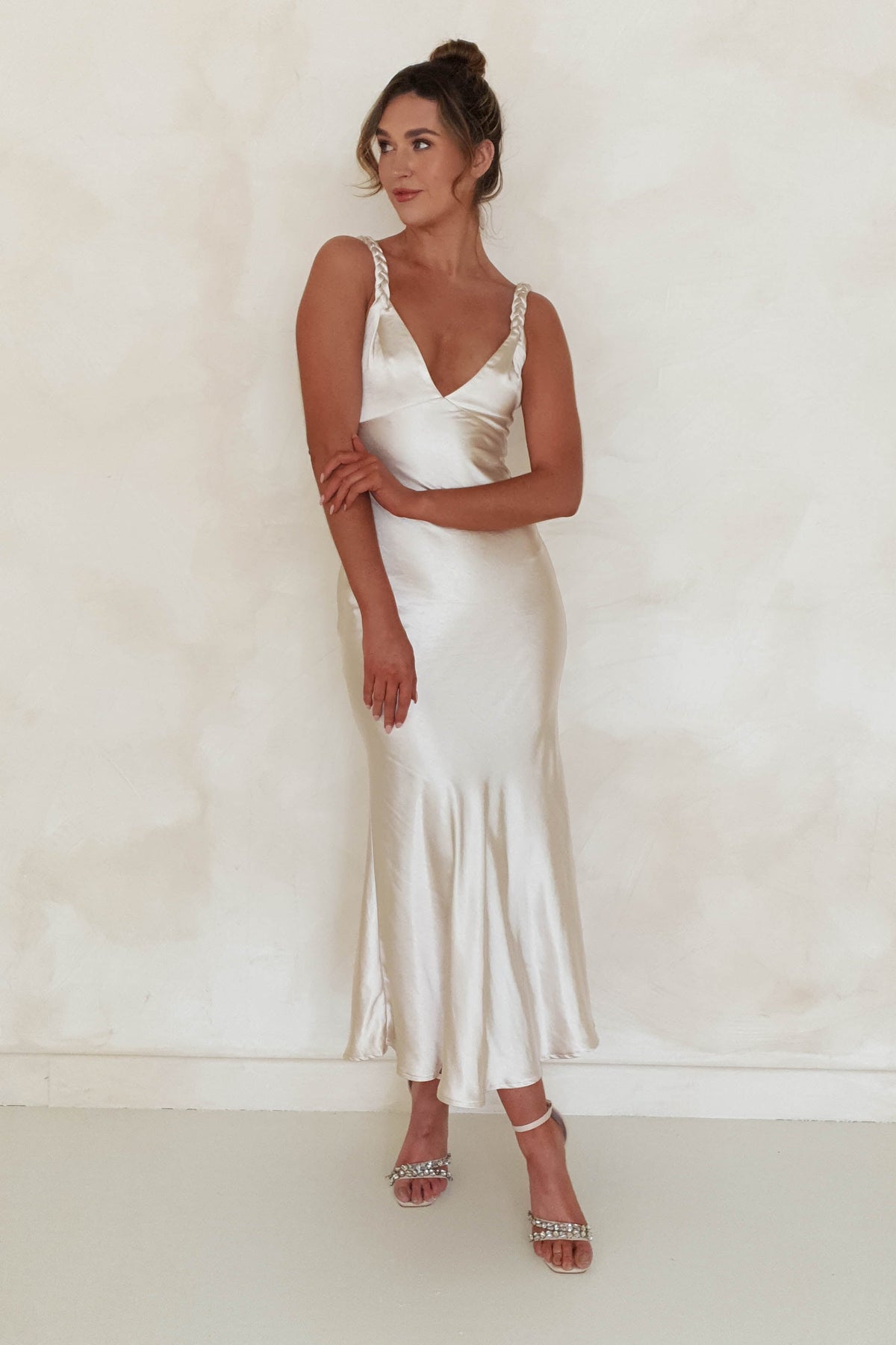 Bethanie Soft Satin Maxi Dress | Champagne-Oh Hello Clothing
