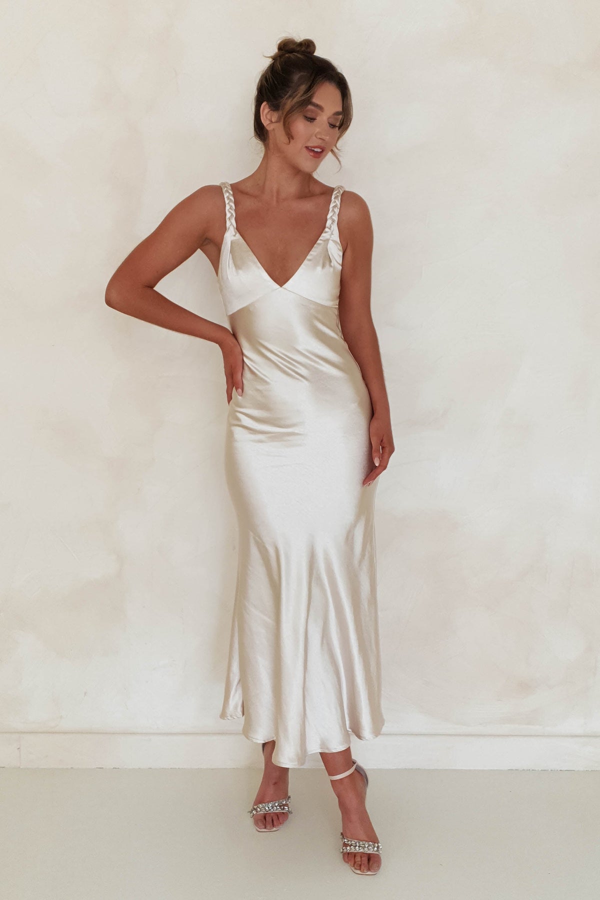 Bethanie Soft Satin Maxi Dress | Champagne-Oh Hello Clothing
