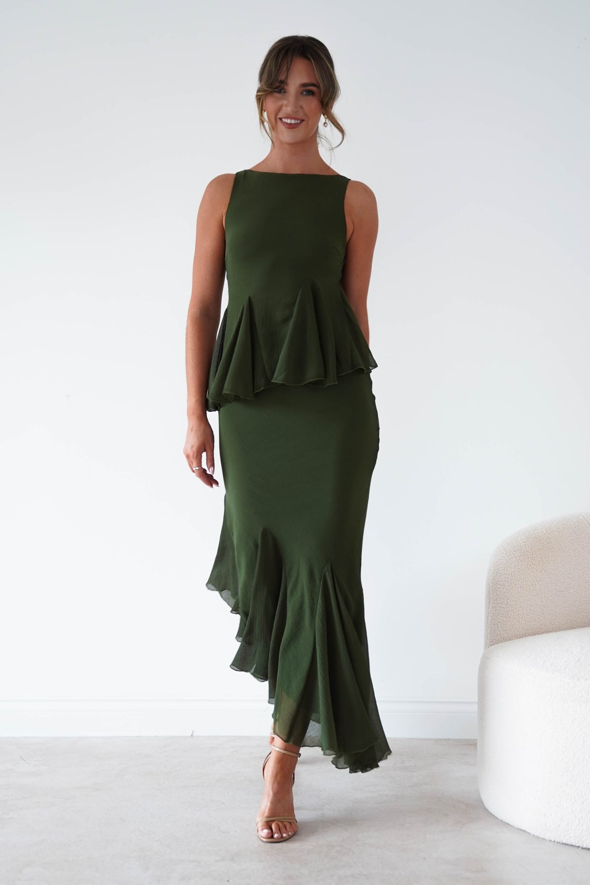 Bianca Peplum Ruffle Midi Dress | Dark Olive-Oh Hello Clothing